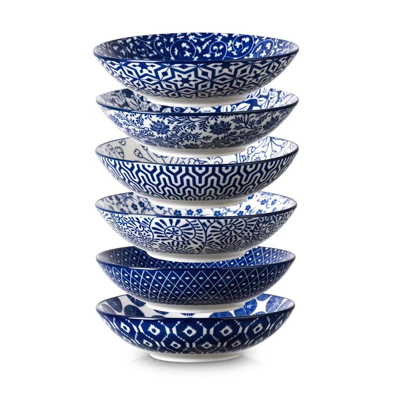 Selamica Porcelain 40Oz Large Bowls 9 Inch Big Pasta Salad Bowls, Microwave And Oven Safe, Vintage Blue, Set Of 6
