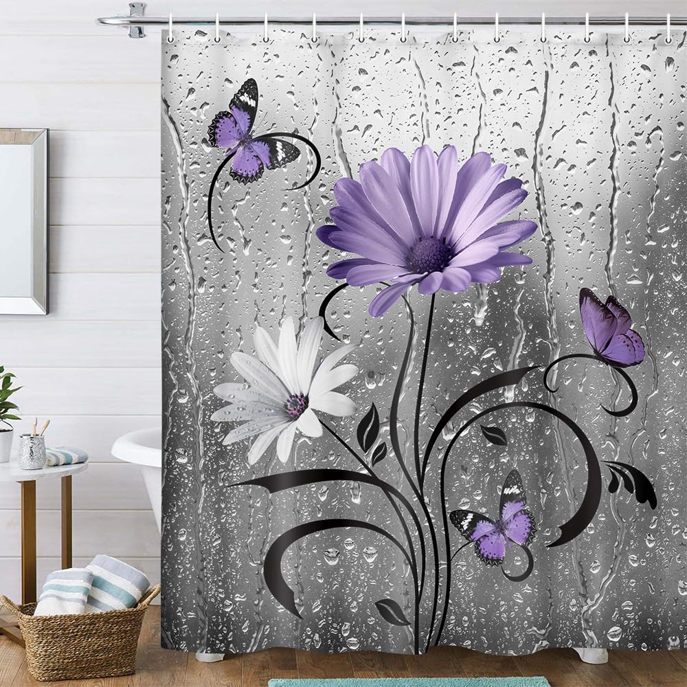 Uokiuki Rustic Purple Floral Boho Shower Curtain, Country Farmhouse Daisy Flowers And Butterfly Shower Curtain For Bathroom, Gre