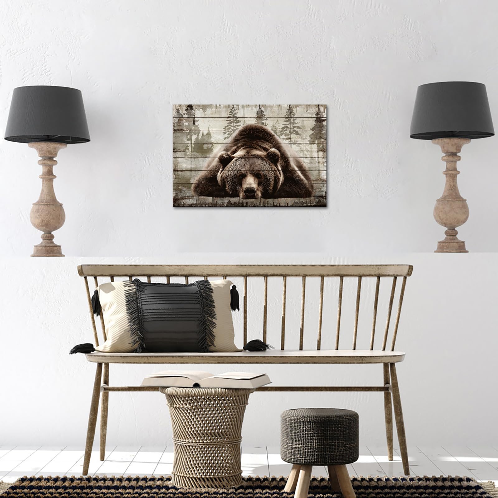 iKNOW FOTO Brown Wall Art Painting Grizzly Bear Prints On Canvas Vintage Forest Wildlife Animal Pictures Wall Art for Home Cabin Decoration Rustic Farmhouse Decor 16x24 Inches