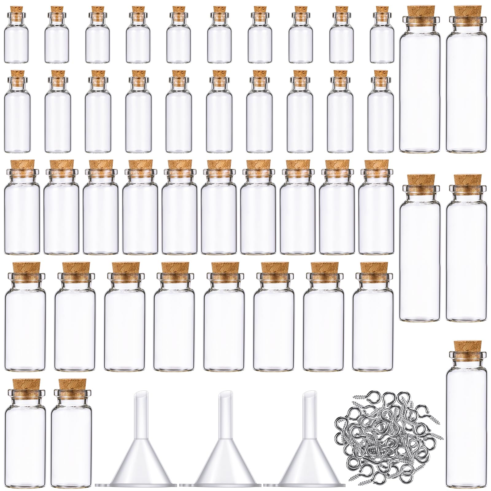 Sherli 45 Pcs Small Mini Glass Bottles with Cork Stoppers Small Glass Jars with Lids Tiny Spell Jars with 50 Eye Screws and 3 Fu
