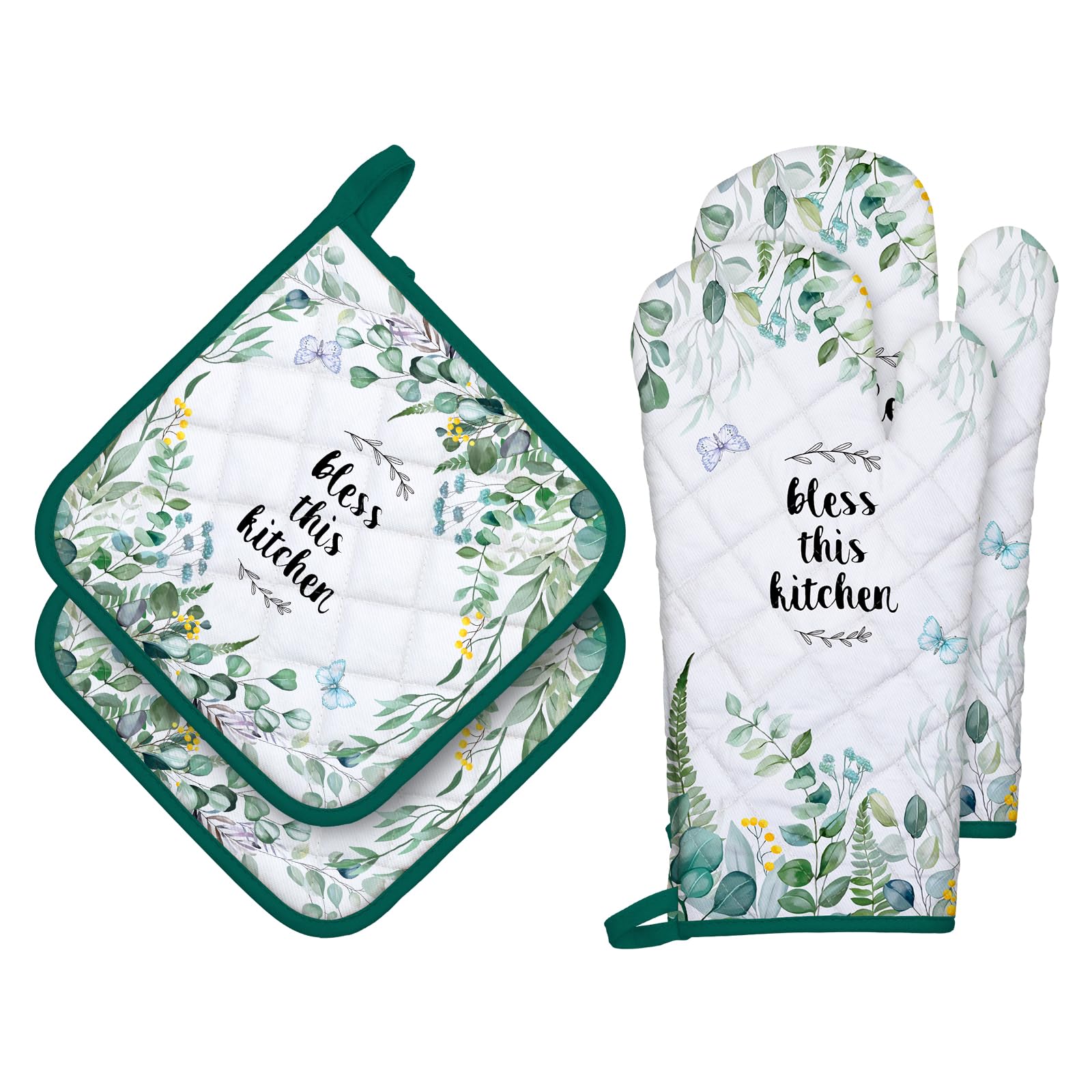 Arquiel Eucalyptus Leaf Oven Mitts and Pot Holders Sets 4Pcs, 100% Cotton Heat Resistant, Extra Long Oven Gloves Potholder for K