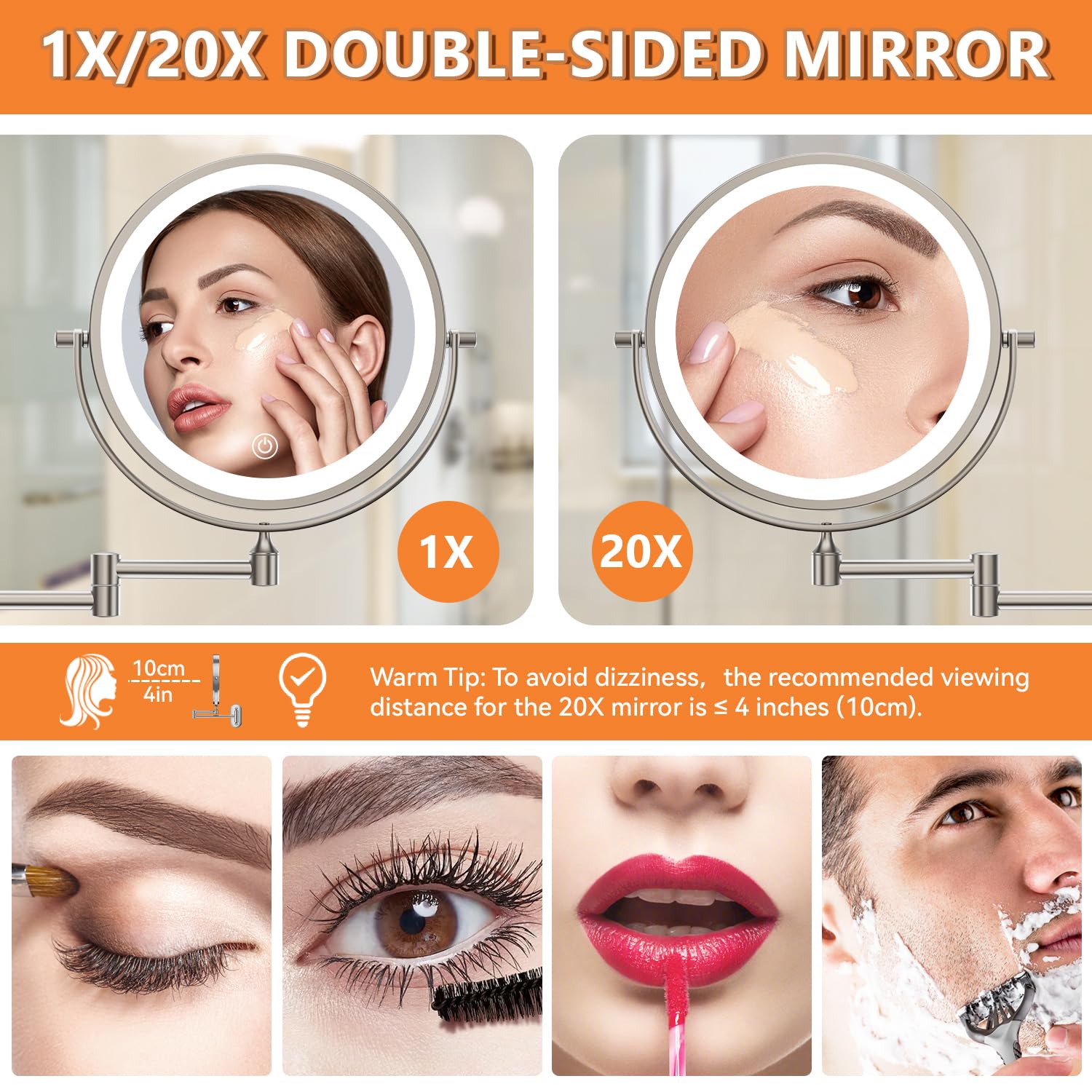 1X/20X Wall Mounted Makeup Mirror With Light, 8 Rechargeable Double-Sided Magnifying Mirror, Vanity Mirror Dimmable 3 Color Ligh