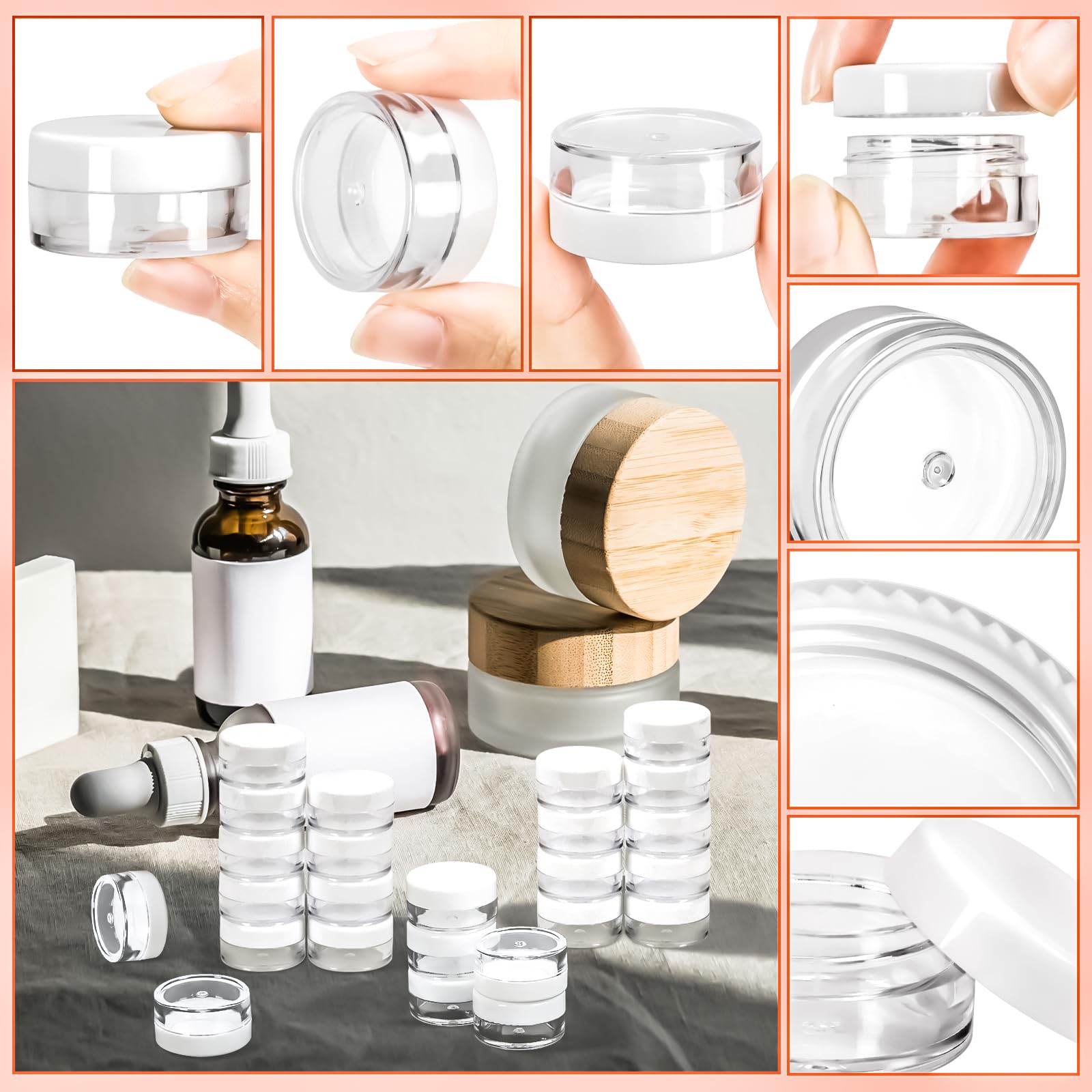 Motbach 100 Pcs 5G Empty Plastic Containers With White Lids,Mini Makeup Sample Containers, Small Sample Pot Jars Round Cosmetic