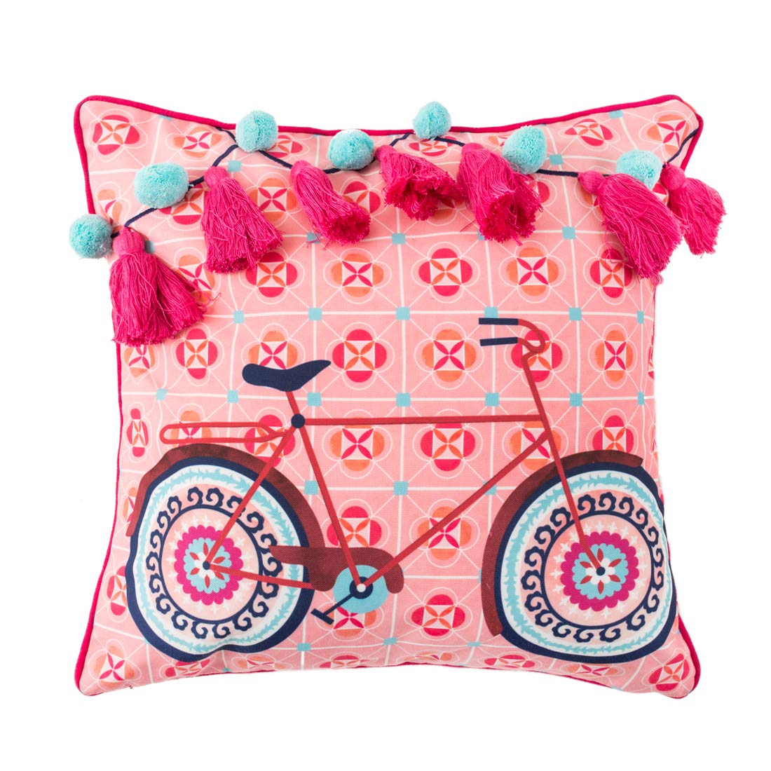 Chumbak Cotton Boho Cycle Pom Pom Cushion Cover, 200 Tc, 16 Inch Decorative Throw Pillow Cover, Pink Sofa Cushion For Living Roo