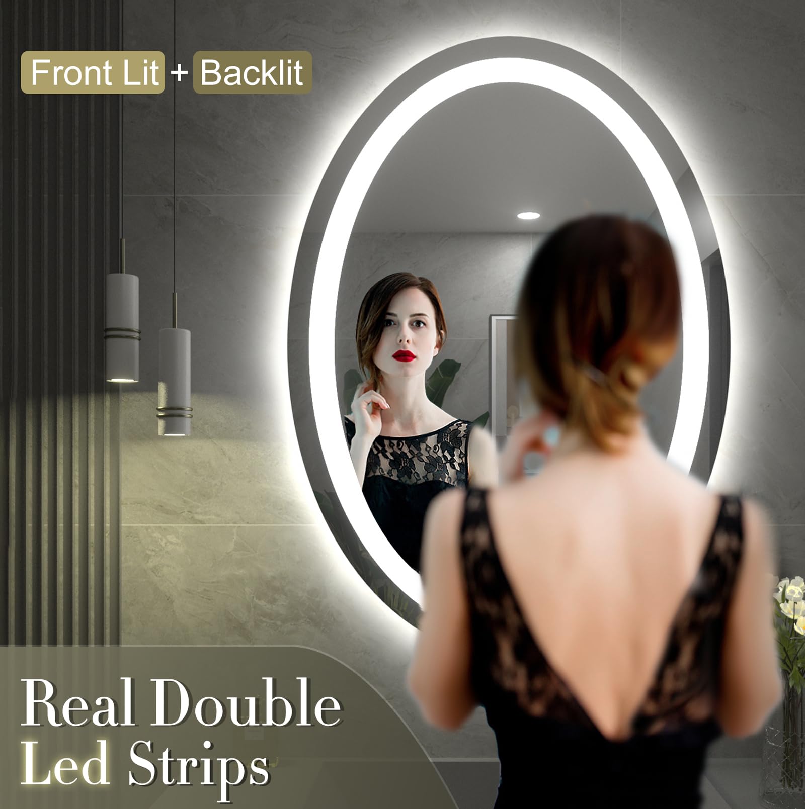 Smiror 40X30 Oval Led Bathroom Mirror, Lighted Vanity Mirror For Wall, Anti-Fog, Shatter-Proof, Dimmable, Memory, 3 Colors (Fron