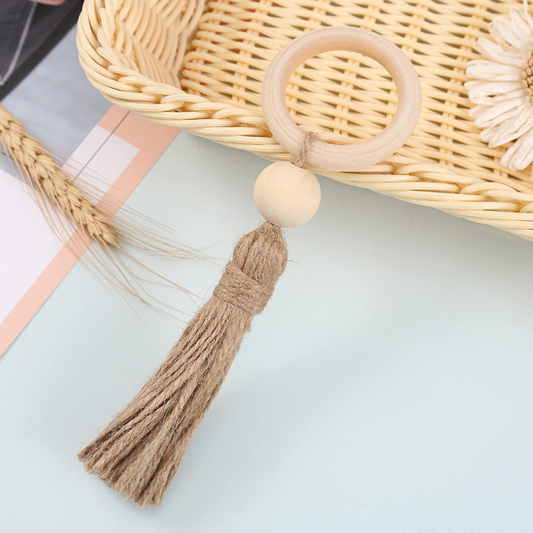 Zilucky Set Of 6 Wooden Napkin Rings, Natural Wooden Beads With Tassels, Dining Party Weddings Family Gatherings Rustic Country