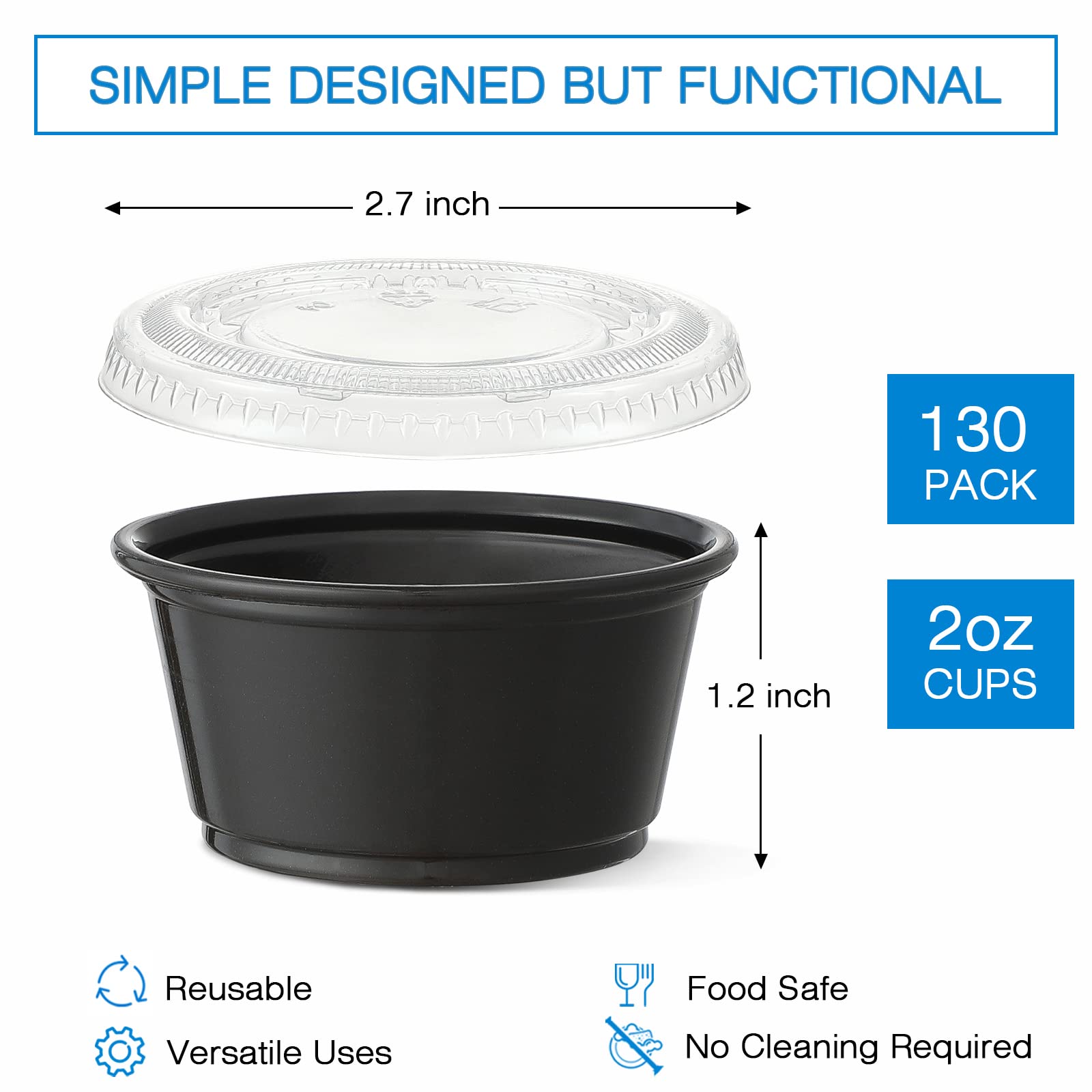 [130 Sets - 2 Oz ] Black Plastic Portion Cups, Jello Shot Cups, Small Plastic Containers With Lids, Airtight Salad Dressing Cont