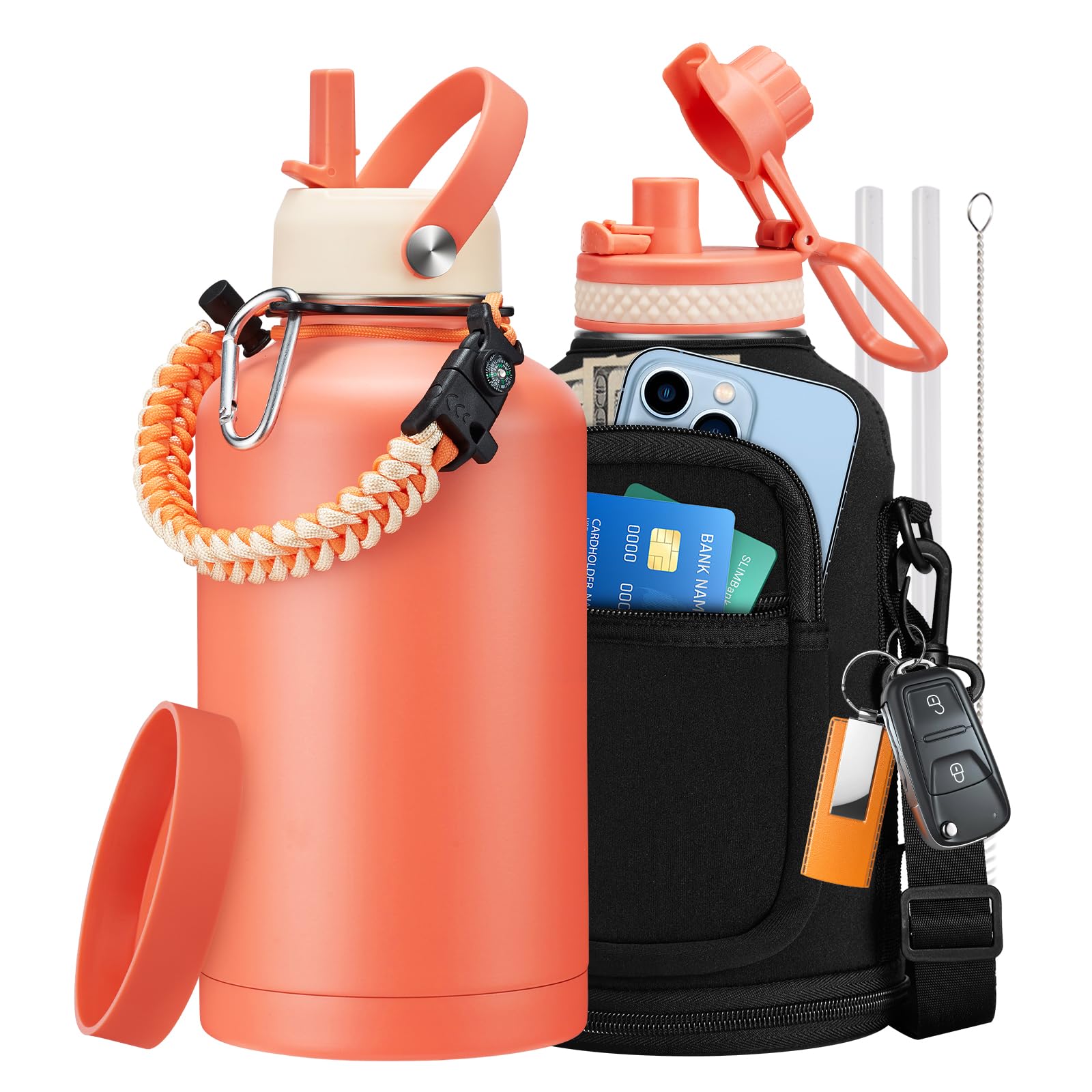 64 oz Water Bottles Insulated - Cold 48H Hot 24H, Half Gallon Water Jug w/ Straw & Spout Lid, Handle Strap Carrier Bag, Leak Pro