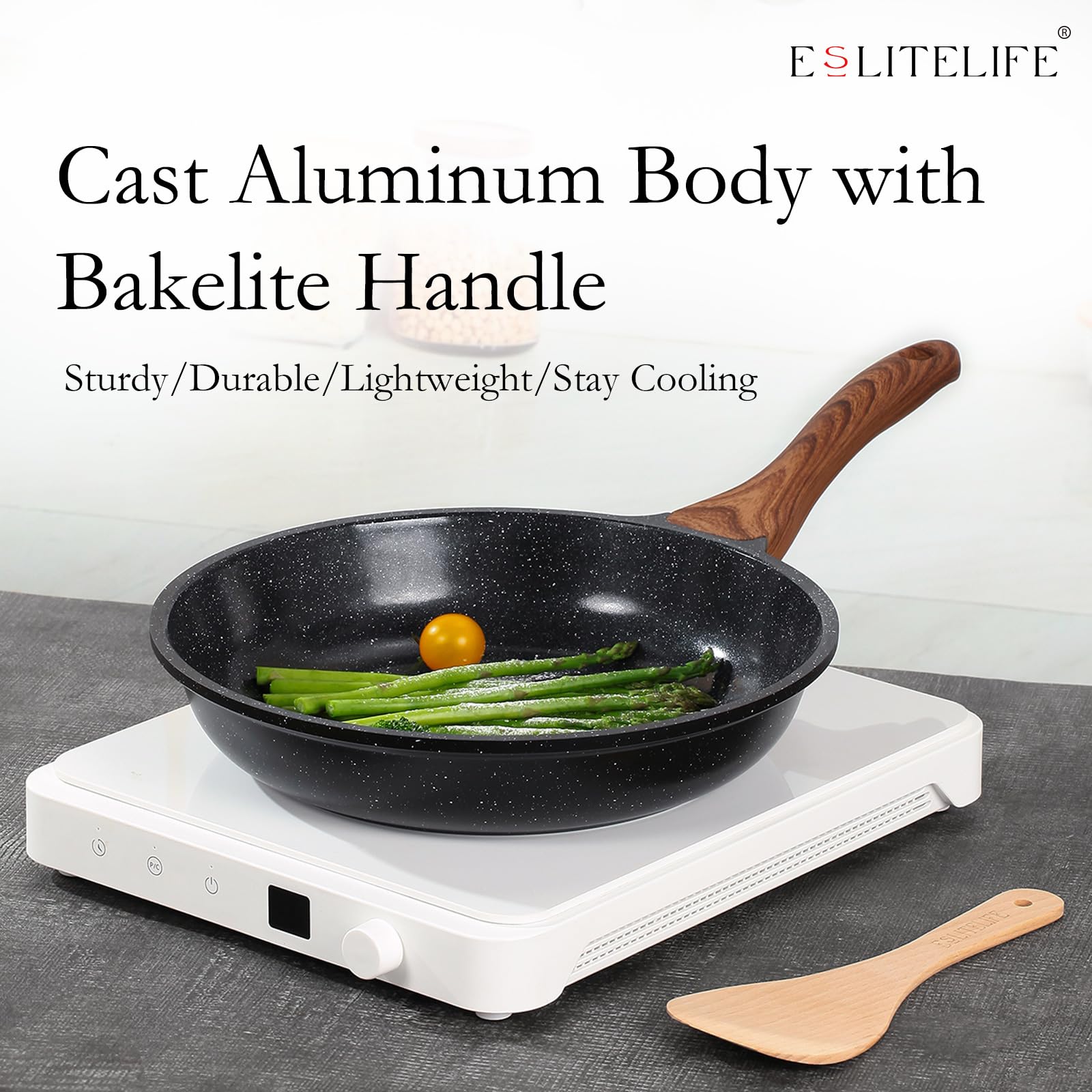 Eslite Life Nonstick Ceramic Frying Pans Skillets Set With Lids, Non-Toxic Egg Omelette Kitchen Cooking Pans Compatible With All