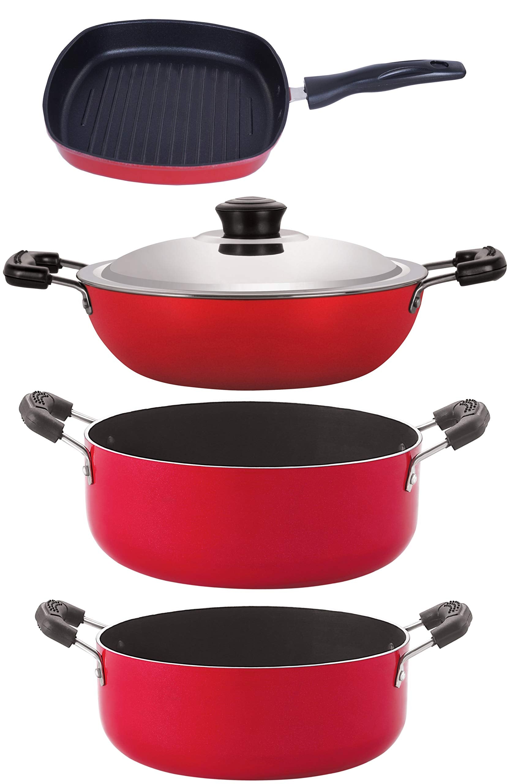 Nirlon Non Stick Aluminium Heat Resistance Cookware Set With Bakelite Handle (Gas Compatible), 4 Pieces(Dkd(J)_Cs22_Gp22.5_Cs24)