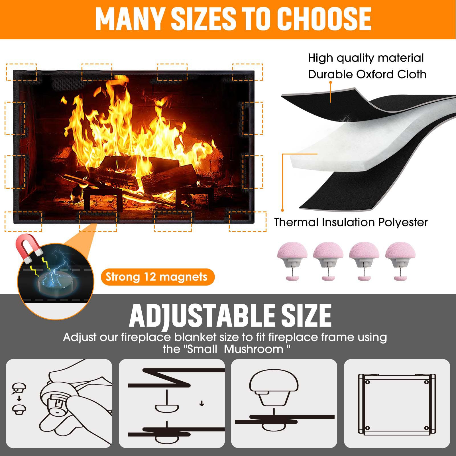Cadara Magnetic Fireplace Draft Cover, Fireplace Blocker Blanket Stops Heat Loss, Adjustable Fireplace Draft Stopper With 12 Mag