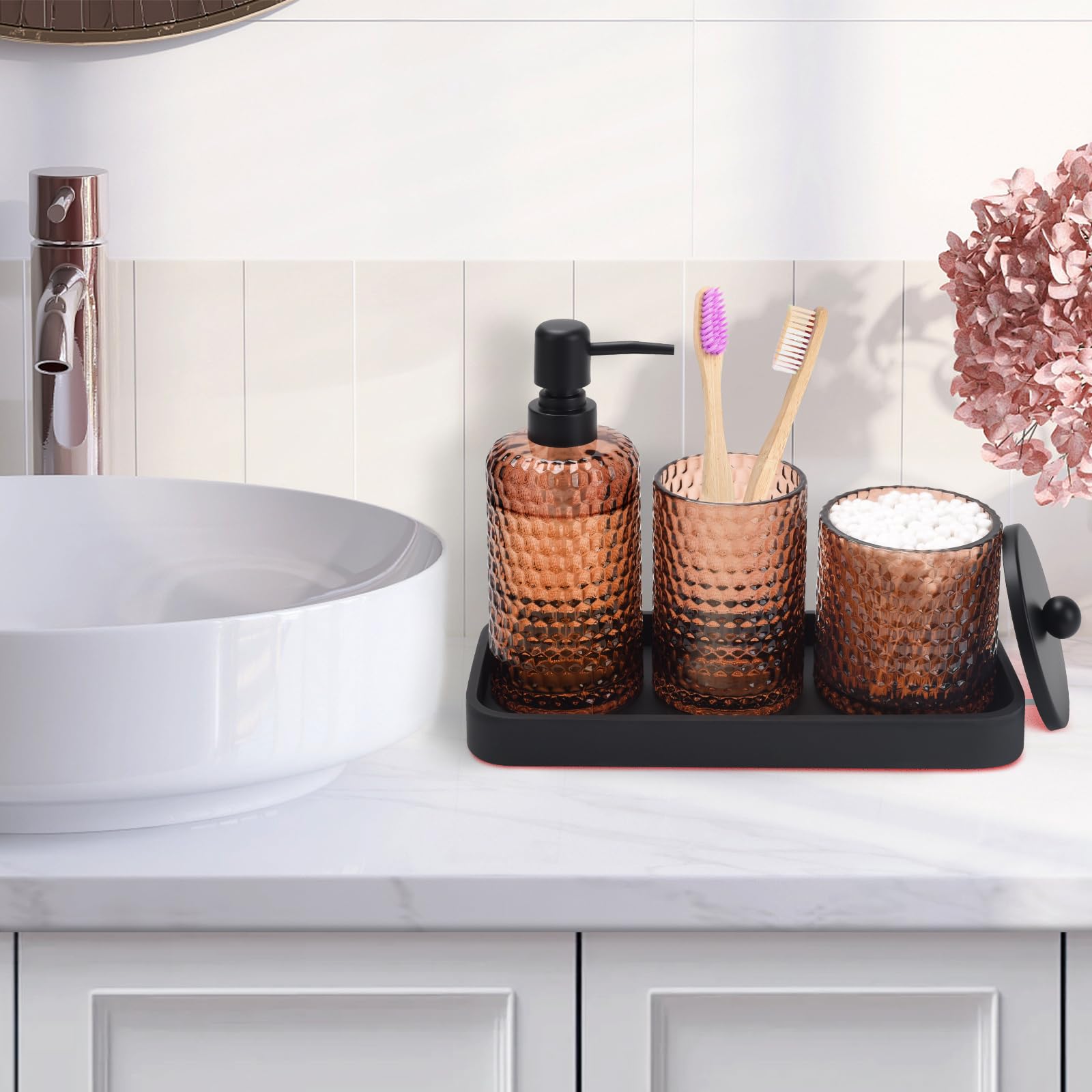 Bathroom Accessories Set,4 Pcs Amber Glass Bathroom Accessories Sets-Lotion Soap Dispenser,Toothbrush Holder,Qtip Holder Dispens