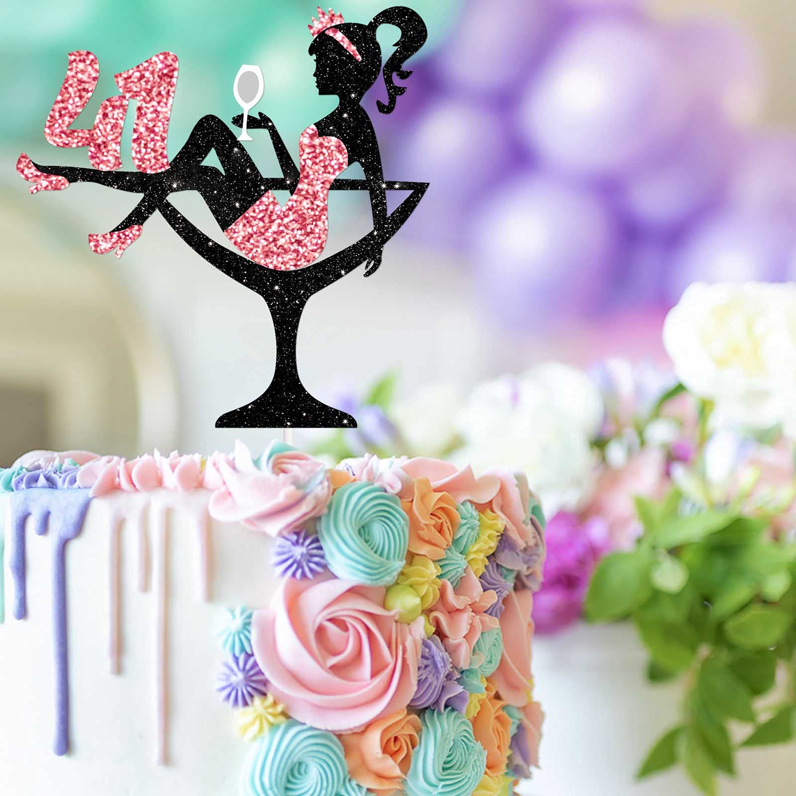 Sitting Girl Cake Topper Picks for Girl Lady 41st Birthday Makeup Spa Theme Party Decoration Supplies 41 Silhouette High Heeled Girl Cake Decor Rose Gold Glitter