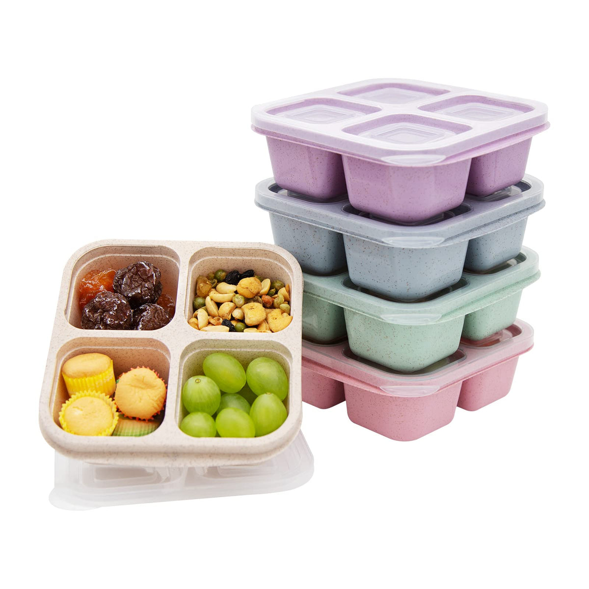 Rngwaper 5 Pack Bento Lunch Box,4 Compartment Snack Containers,Divided Bento Snack Box,Meal Prep, Lunch Box Kids/Toddle/Adults,F