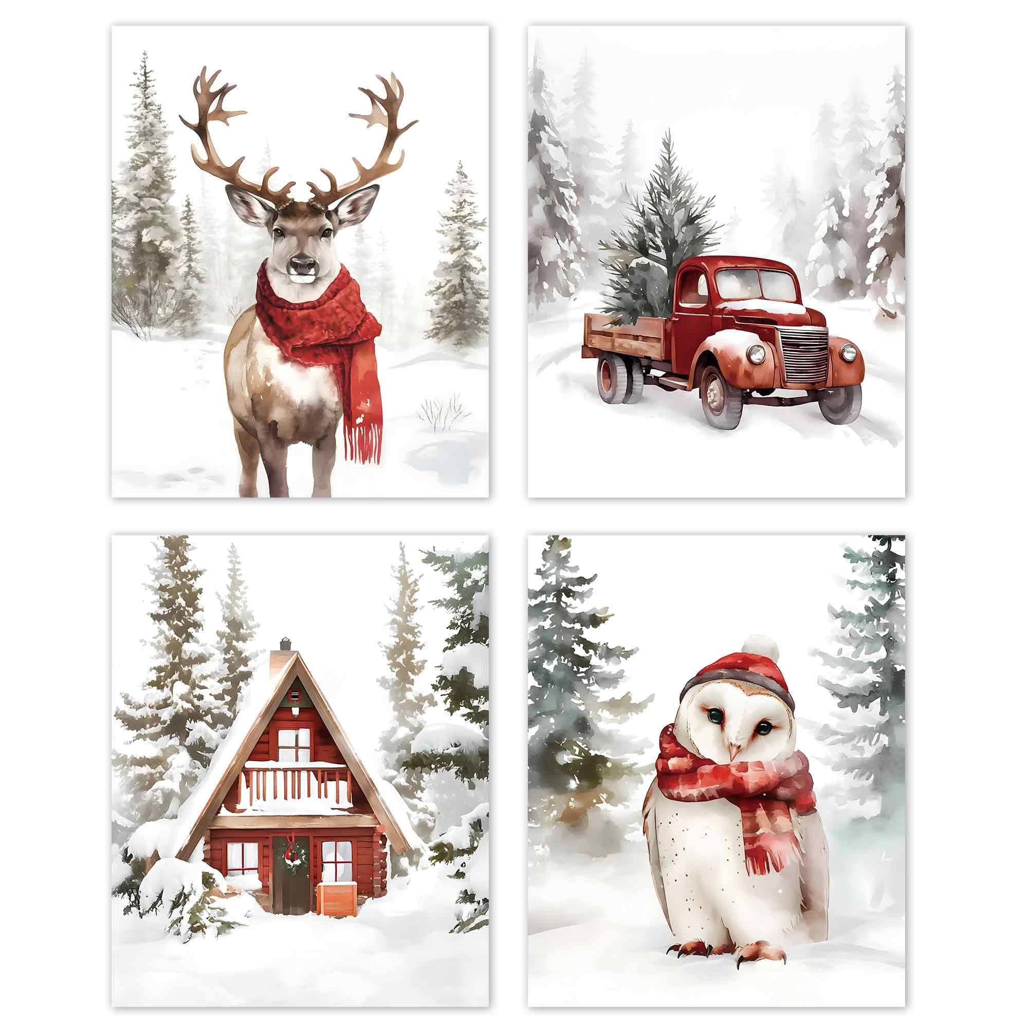 Tleske Winter Christmas Snowy Woodland Animals Posters Prints Unframed Set Of 4, Deer Reindeer Moose Owl With Red Scarf Wall Art