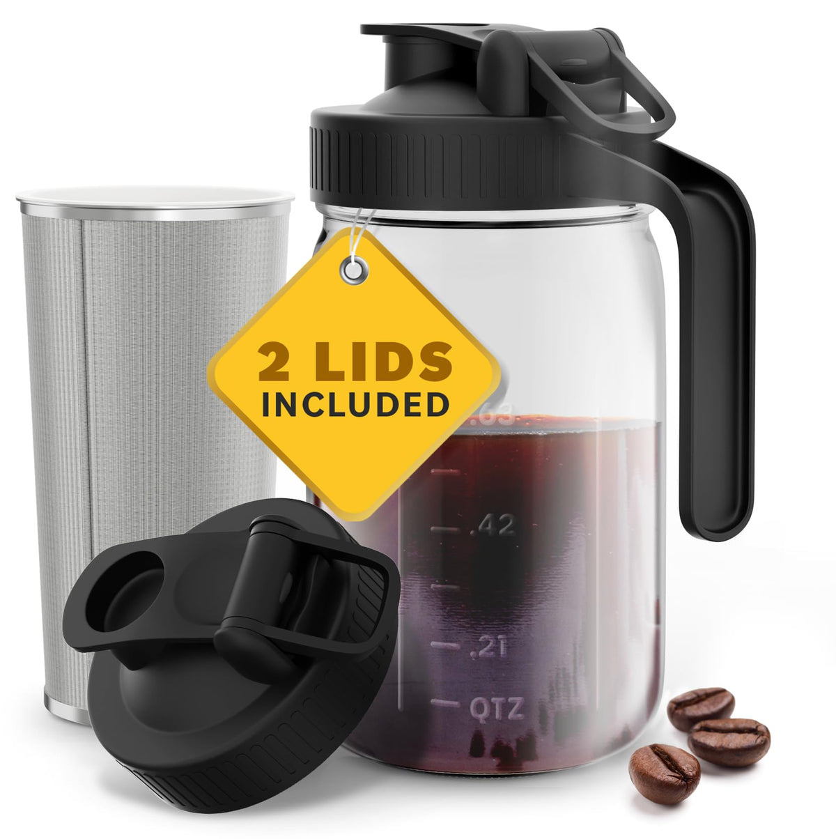 Cold Brew Coffee Maker With Heavy Duty Glass Body & 2 Lids - Iced Tea Machines With Stainless Steel Filter - Iced Coffee Maker -