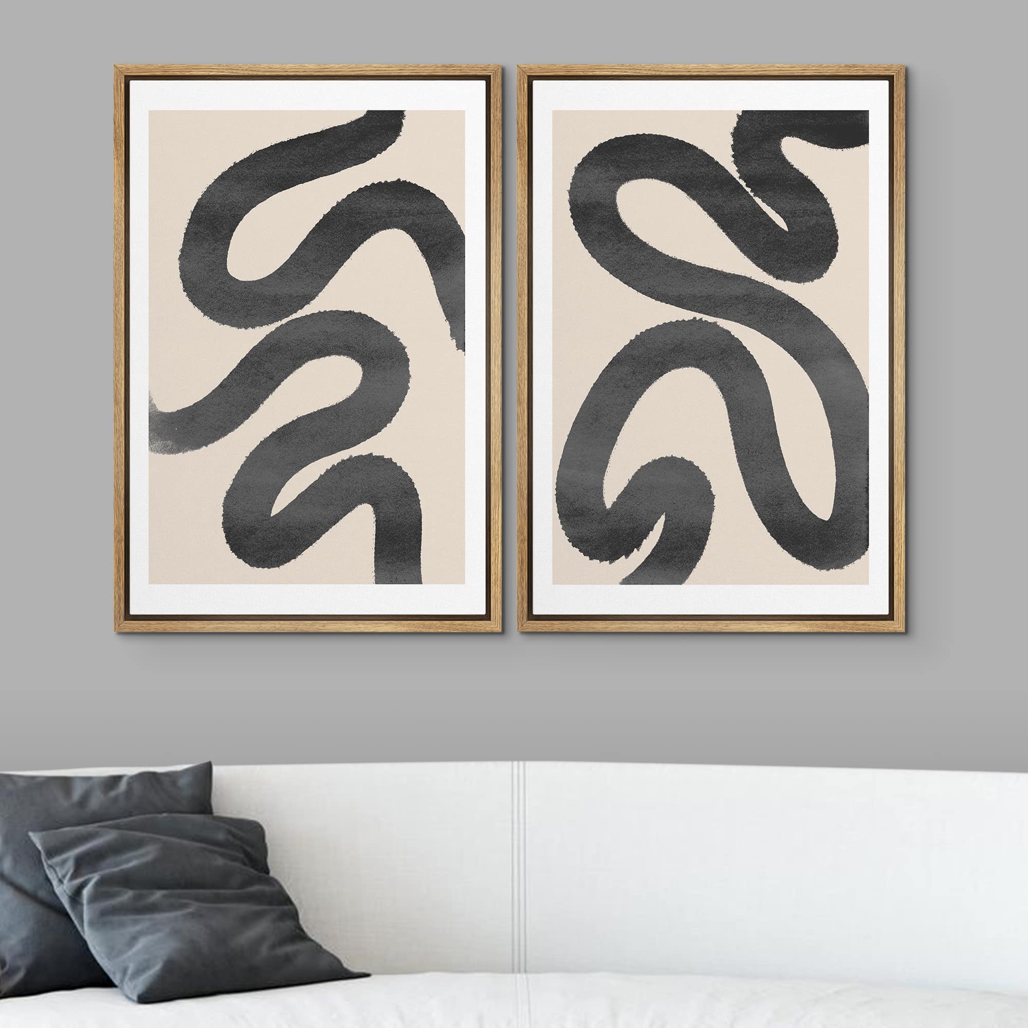 SIGNWIN Framed Wall Art Print Set Black Squiggly Lines Over Tan Background Abstract Swirly Digital Art Modern Art Mid-Century Modern Expressive for Living Room  Bedroom  Office - 24''x36''x2 Panels
