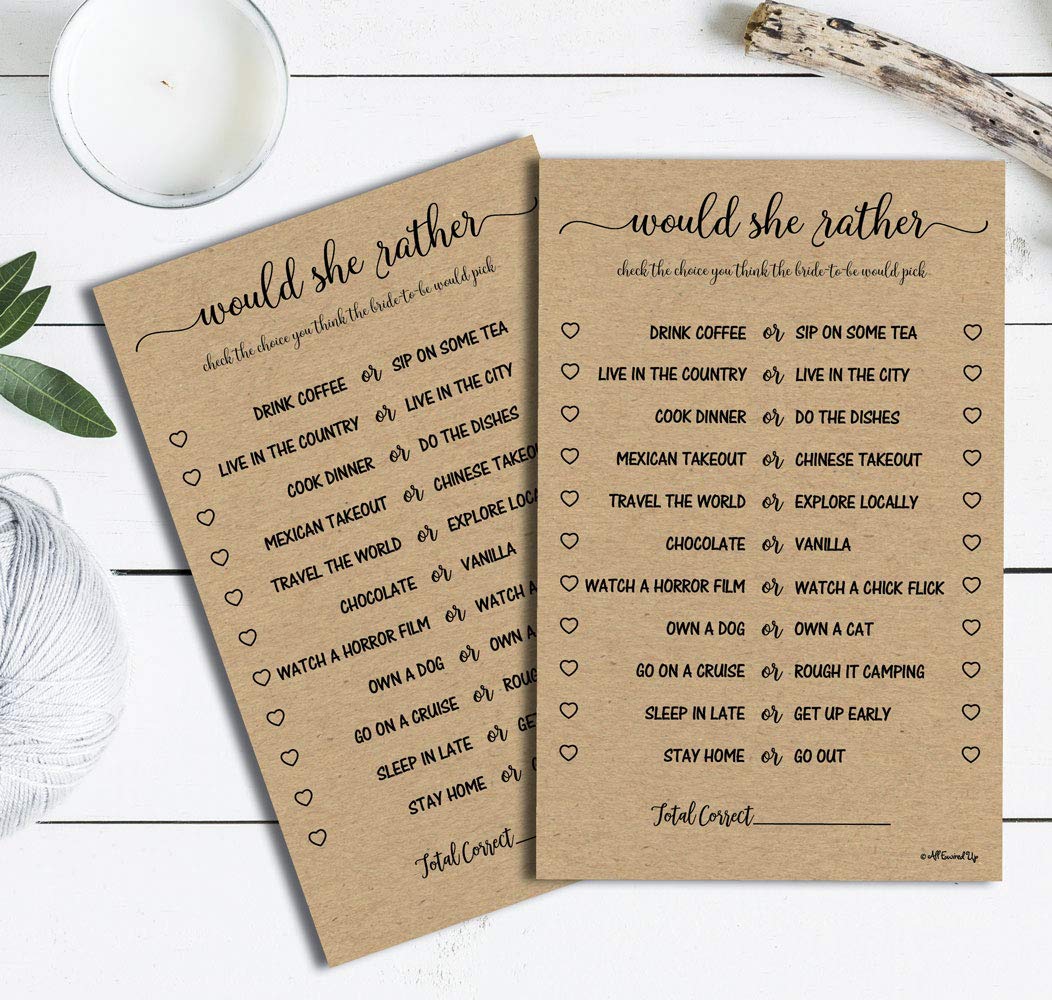 Would She Rather Game - Kraft (50-Sheets) Rustic Bridal Wedding Shower Or Bachelorette Party Game, Printed Engagement Rehearsal