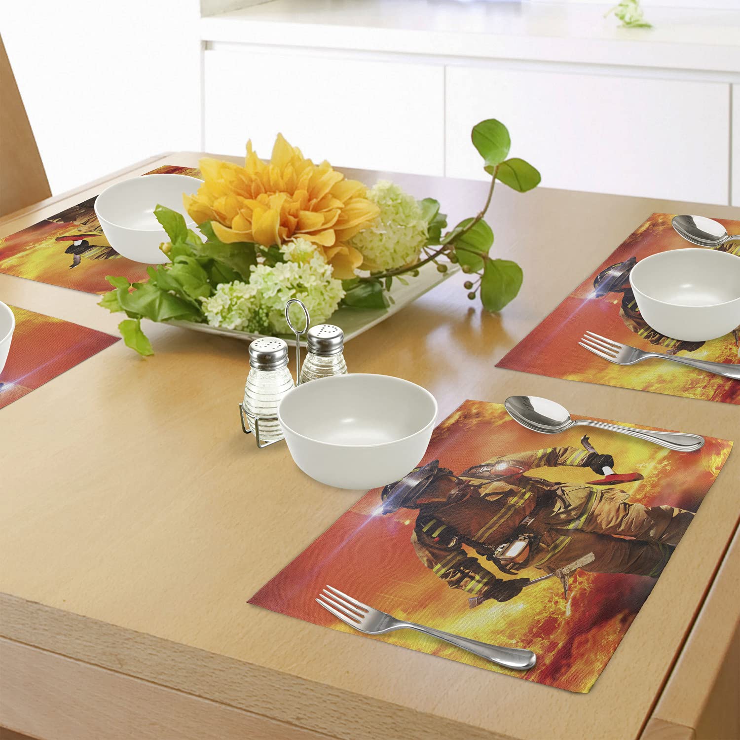 Lunarable Service Place Mats Set Of 4, Man In A Building On Searching For Survivors Emergency Services Illustration, Washable Fa