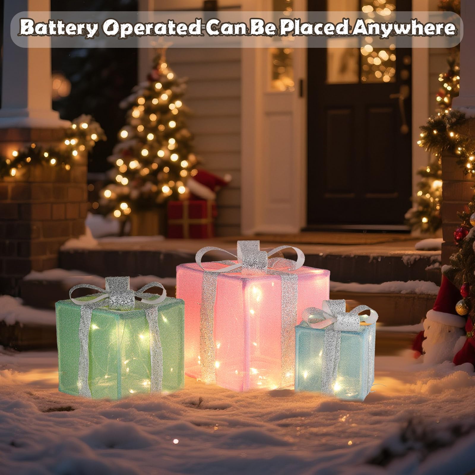 Threehoney 3 Pcs Pastel Christmas Lighted Gift Boxes Decoration Light up Present Christmas Packages with 8 Lighting Modes Candy