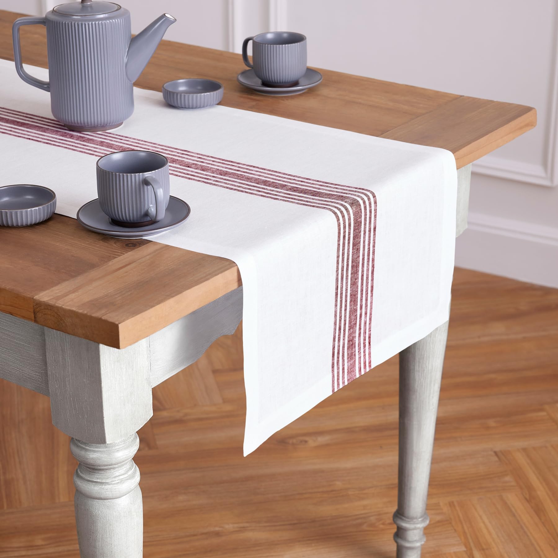 Solino Home Stripe Linen Table Runner 120 Inches Long - 100% Pure Linen Burgundy And White Dining Farmhouse Table Runner 18 X 12