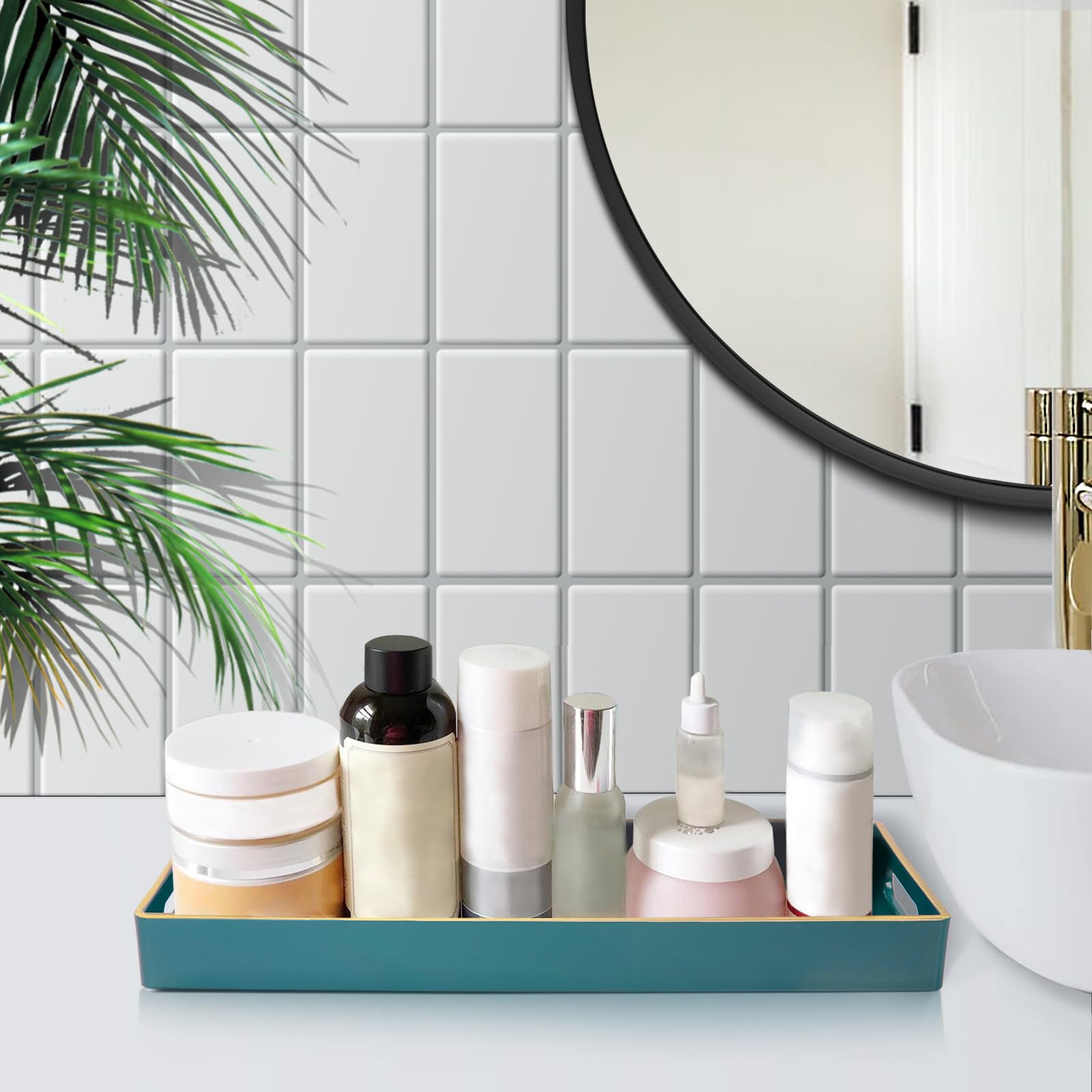 Maoname Green Bathroom Tray, Plastic Vanity Tray, Countertop Tray, Gold Edged Decorative Tray With Handles, Perfume Organizer Fo