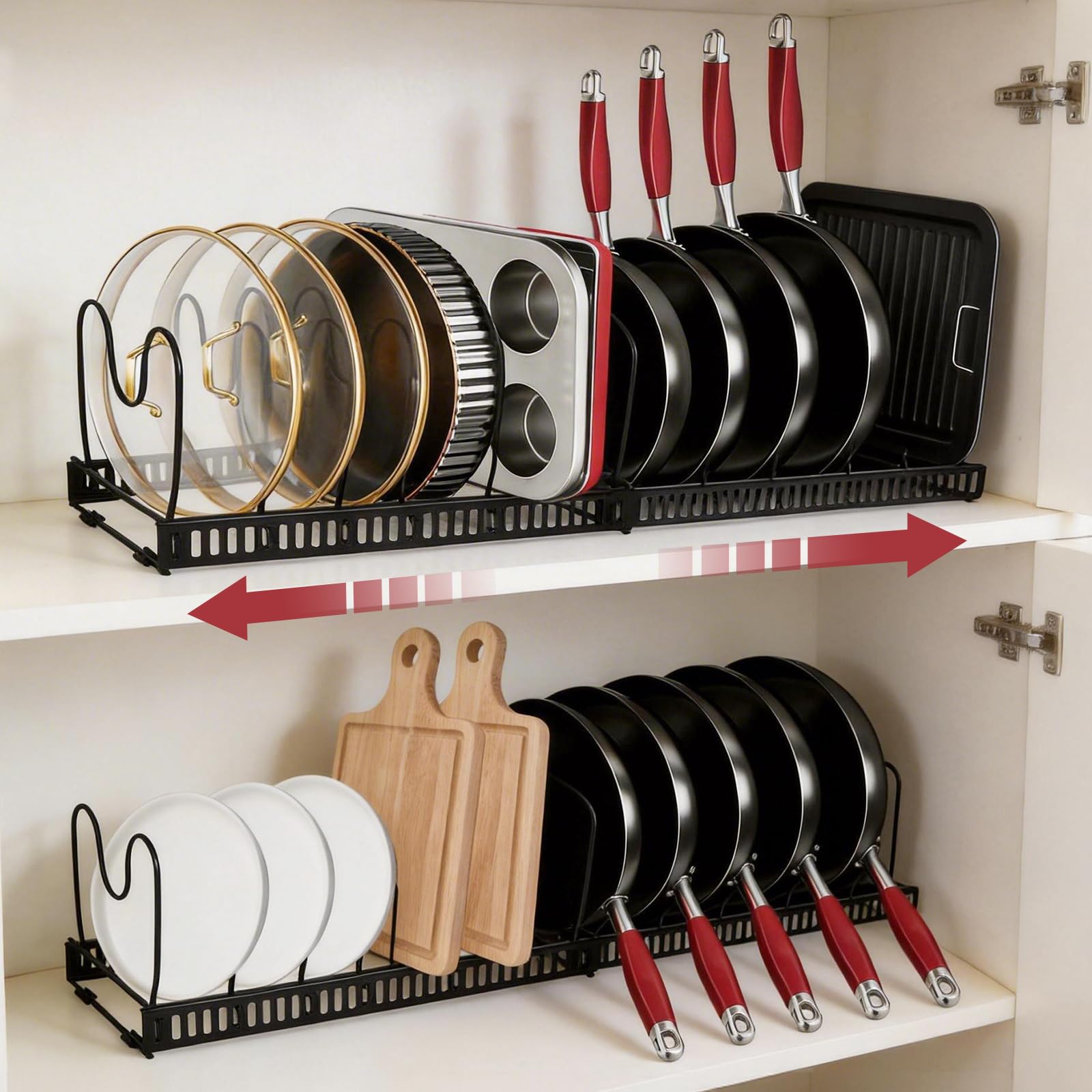 Jyutsn 2 Pack Expandable Pots and Pans Organizer for Cabinet, Pot Lid Holder with 13 Adjustable Dividers, Under Cabinet Storage 