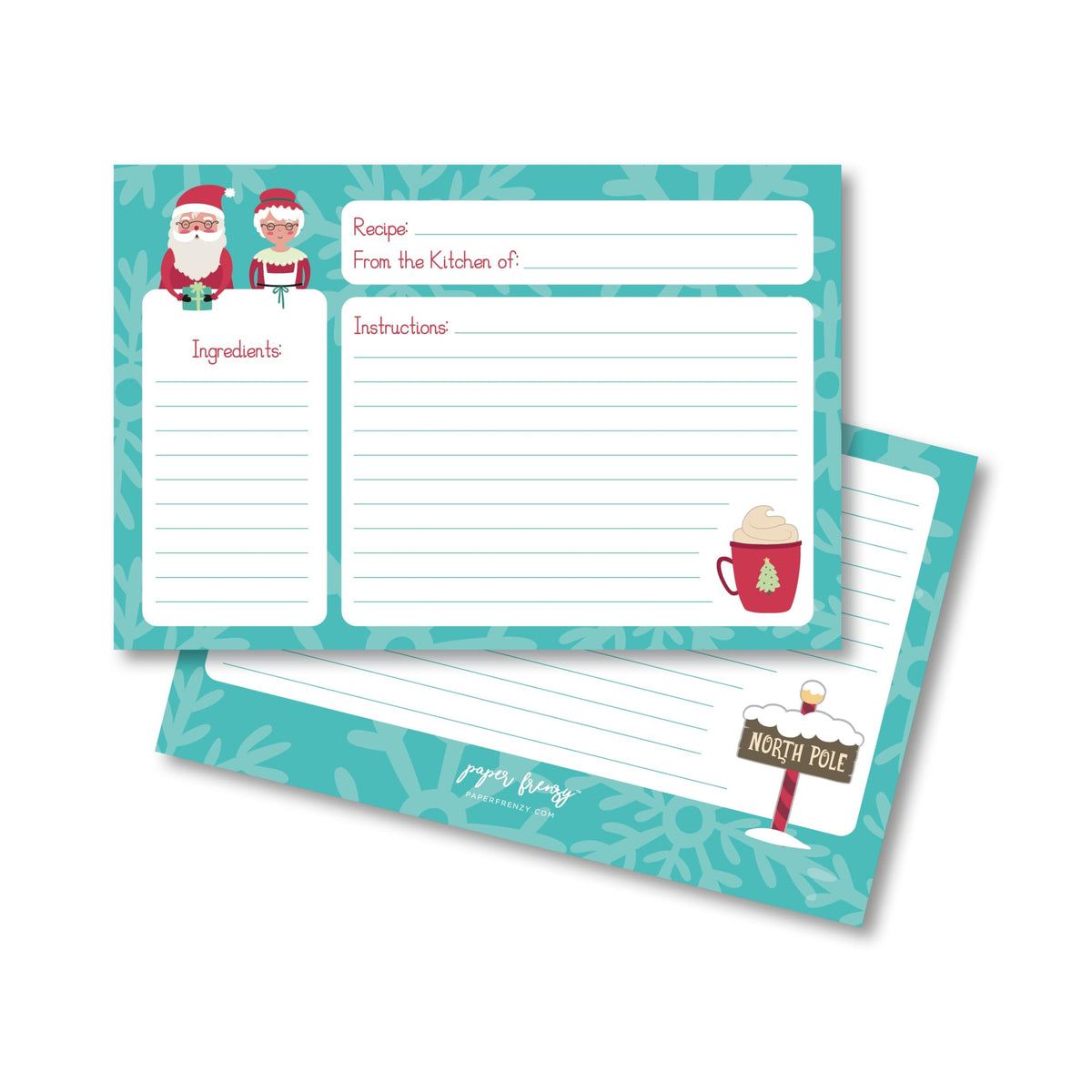 Paper Frenzy North Pole Santa And Mrs. Claus Christmas Holiday 4 X 6 Recipe Cards - 25 Pack