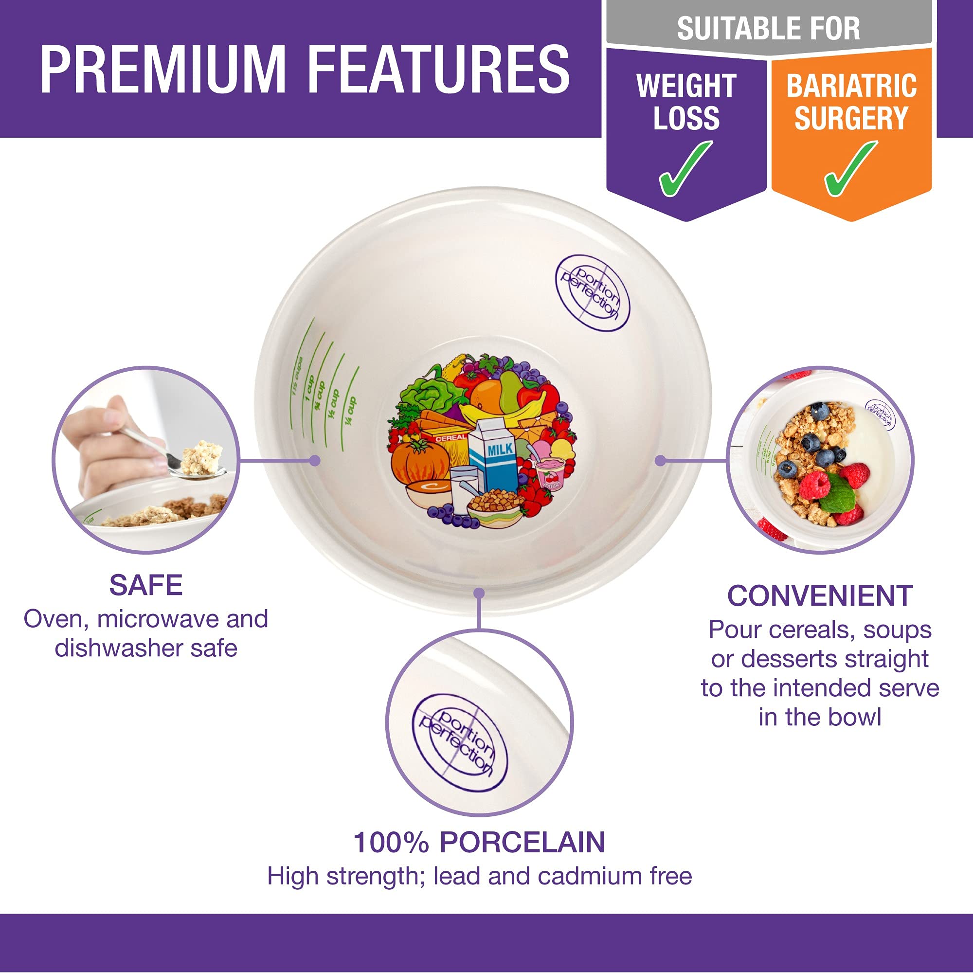 Portion Perfection Measuring Bowls  PORCELAIN  Set of 2  Portion Control Diabetes  Weight Loss AND Bariatric Surgery Must Haves. These Food Measuring Cups for Weight Loss are Accurate