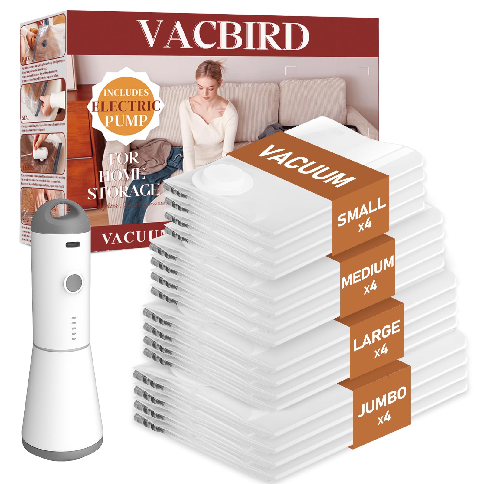 Vacbird Vacuum Seal Bags for Clothing, 16 Pack Vacuum Storage Bags with Rechargeable Cordless Air Pump(4J+4L+4M+4S), Space Saver
