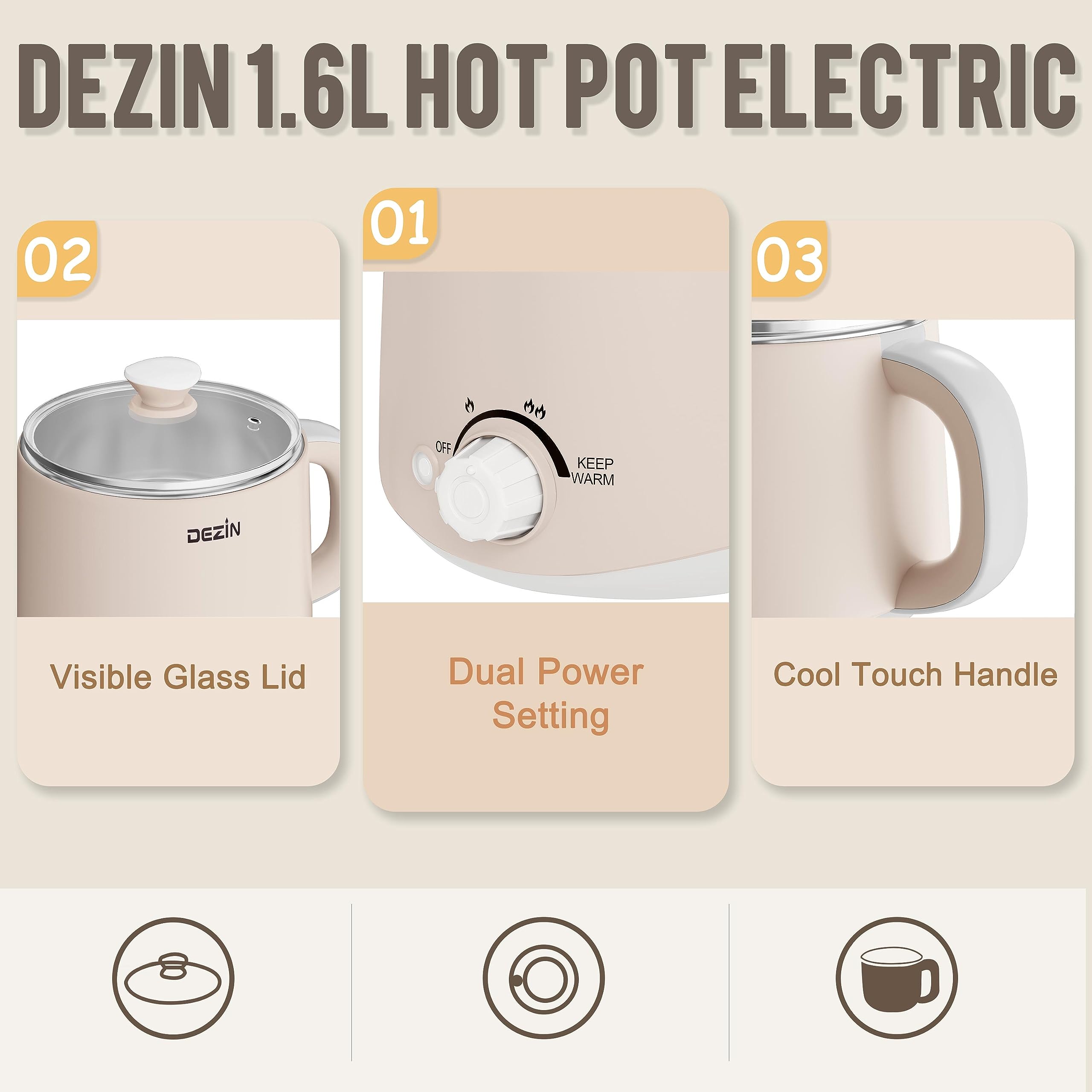 DEZIN Electric Pot, 1.6L Stainless Steel Ramen Cooker with Temperature Control, Beige, Model GLH-830