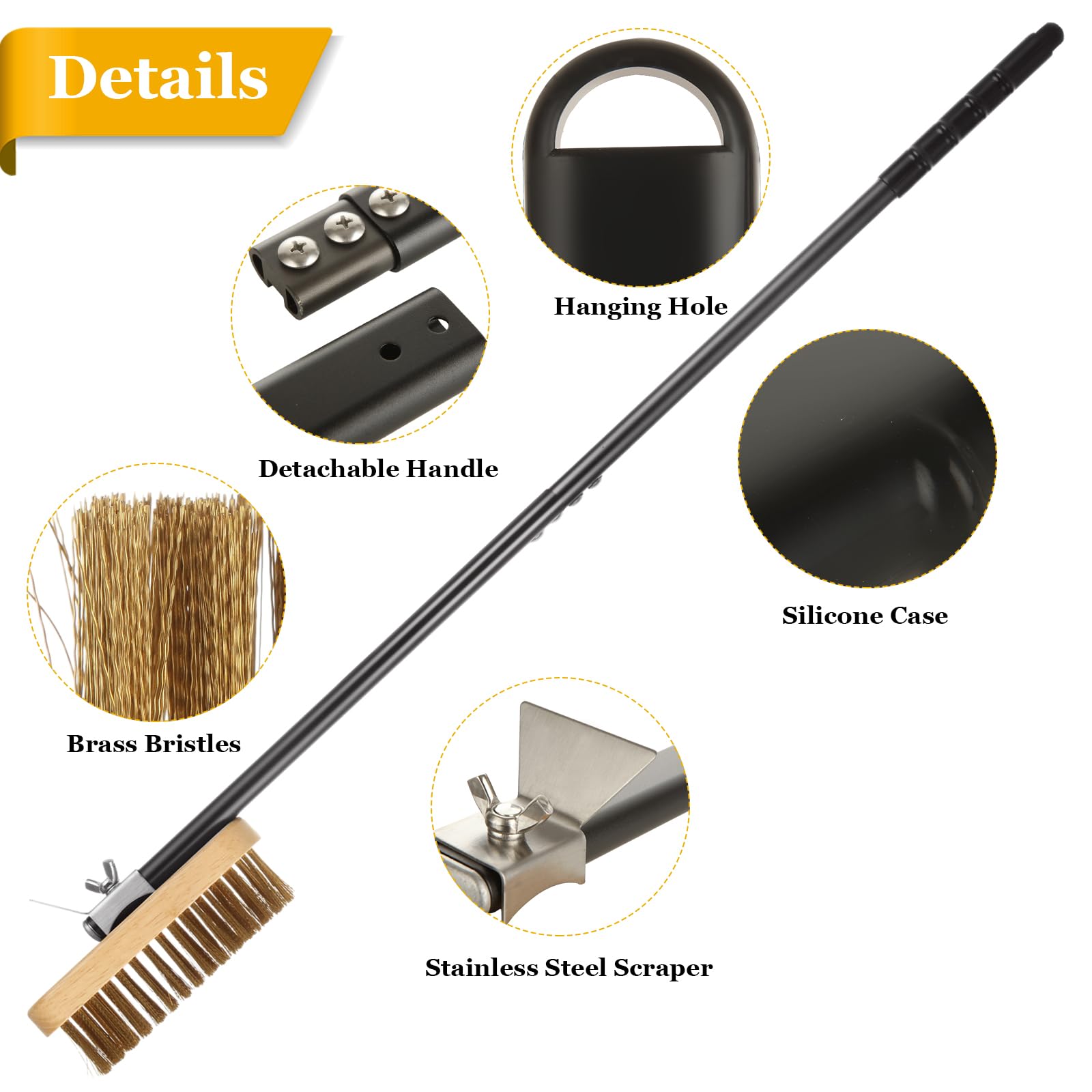Muxhel 1 Pcs Adjustable 47'' Pizza Oven Brush With Scraper, Brass Bristles Pizza Stone Brush With Detachable Handle And Screwdri