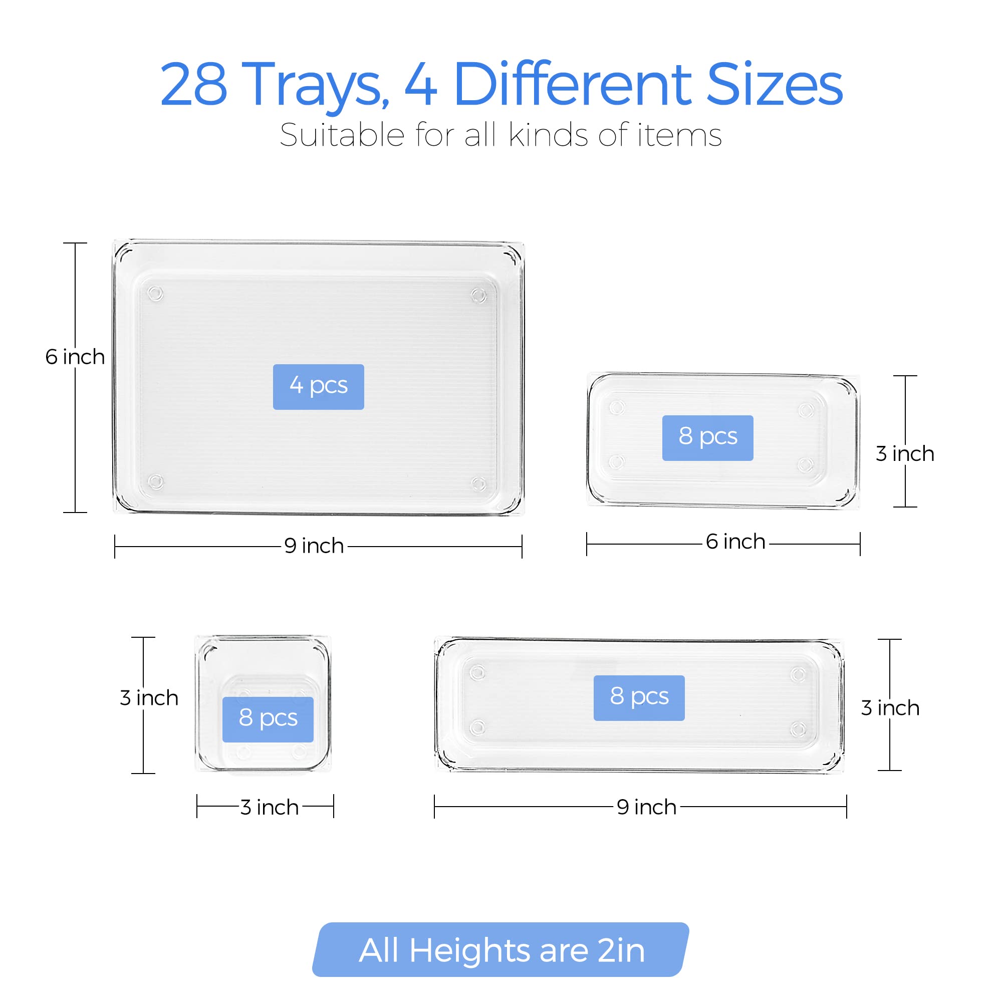 Ravinte 28 PCS Drawer Organizer Plastic Storage Bins, 4 - Size Kitchen Drawer Organizer with Non-Slip Pads Clear Desk Storage Tr