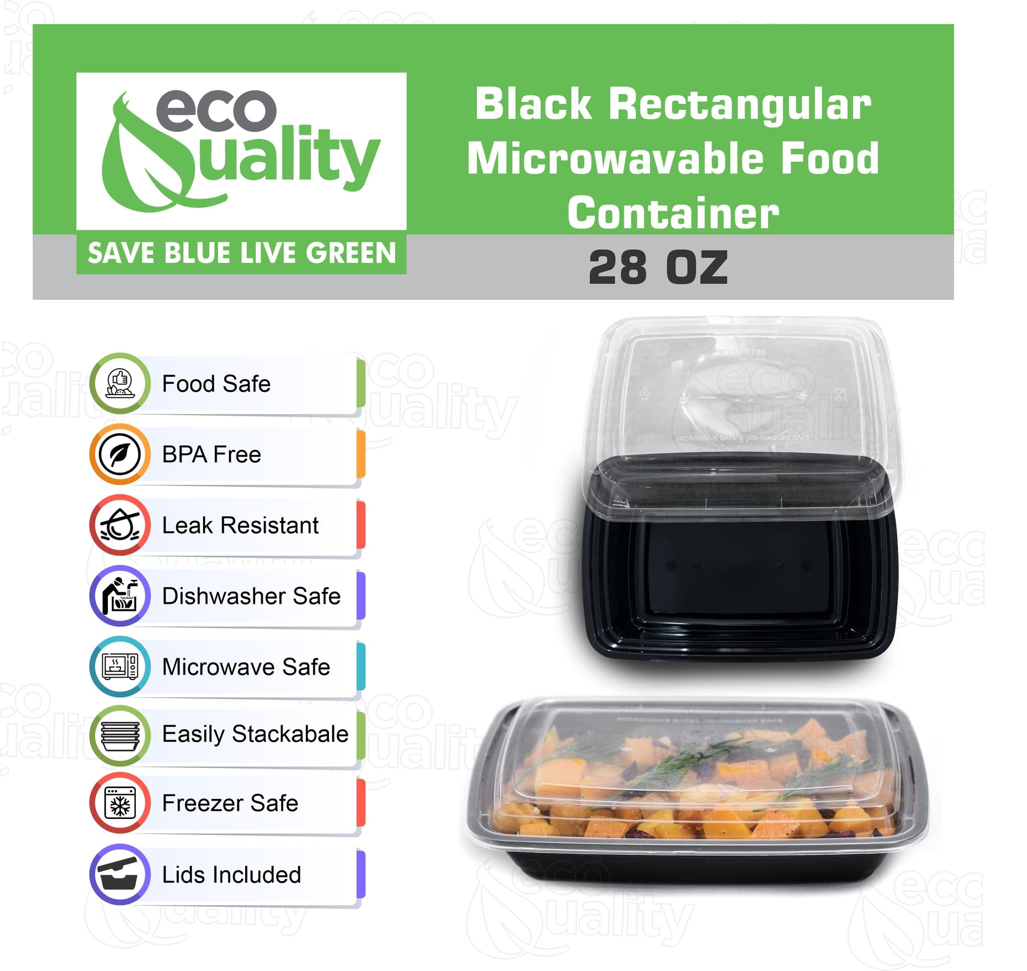 Reusable 28 Oz Food Storage 100 Pack Containers With Lids By Ecoquality - Rectangular Bpa Free Freezer, Microwave & Dishwasher S