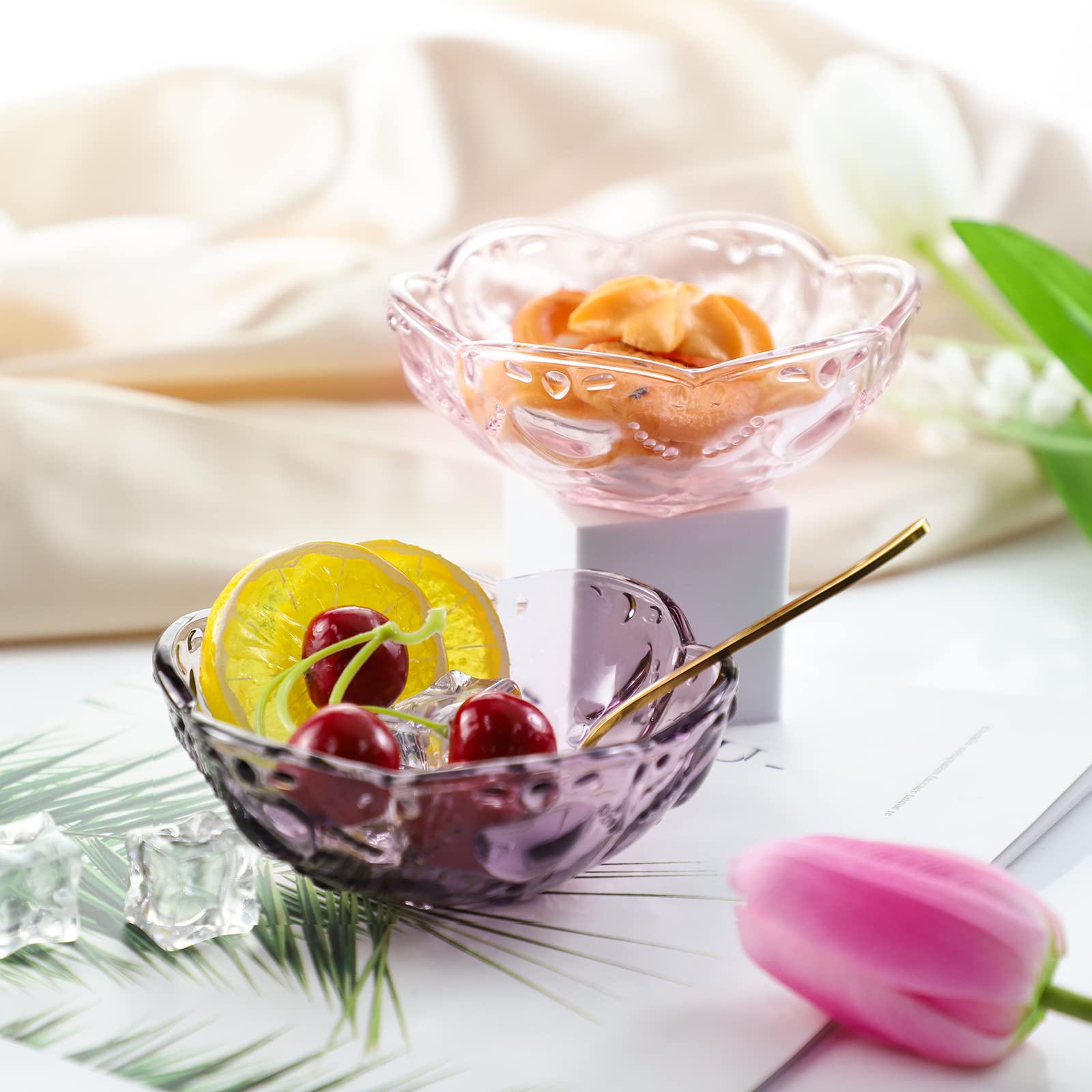 Choold Vintage Romantic Glass Sakura Shape Heart Embossed Dessert Bowl Ice Cream Bowl Dish Bowl Trifle Bowl Salad Bowl 8Oz