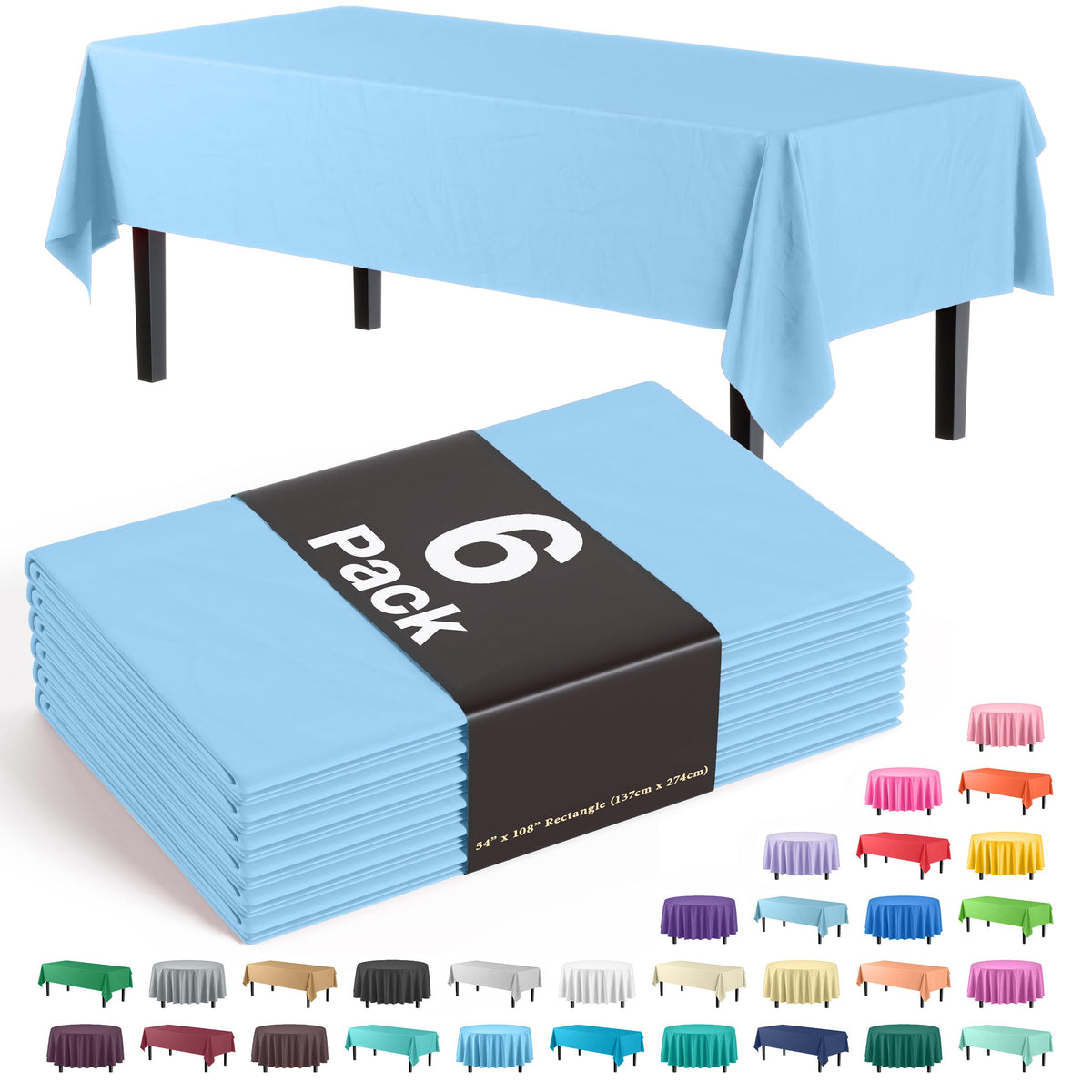 Exquisite 6-Pack Premium Plastic Tablecloth 54In. X 108In. Rectangle Plastic Table Cover - Light Blue