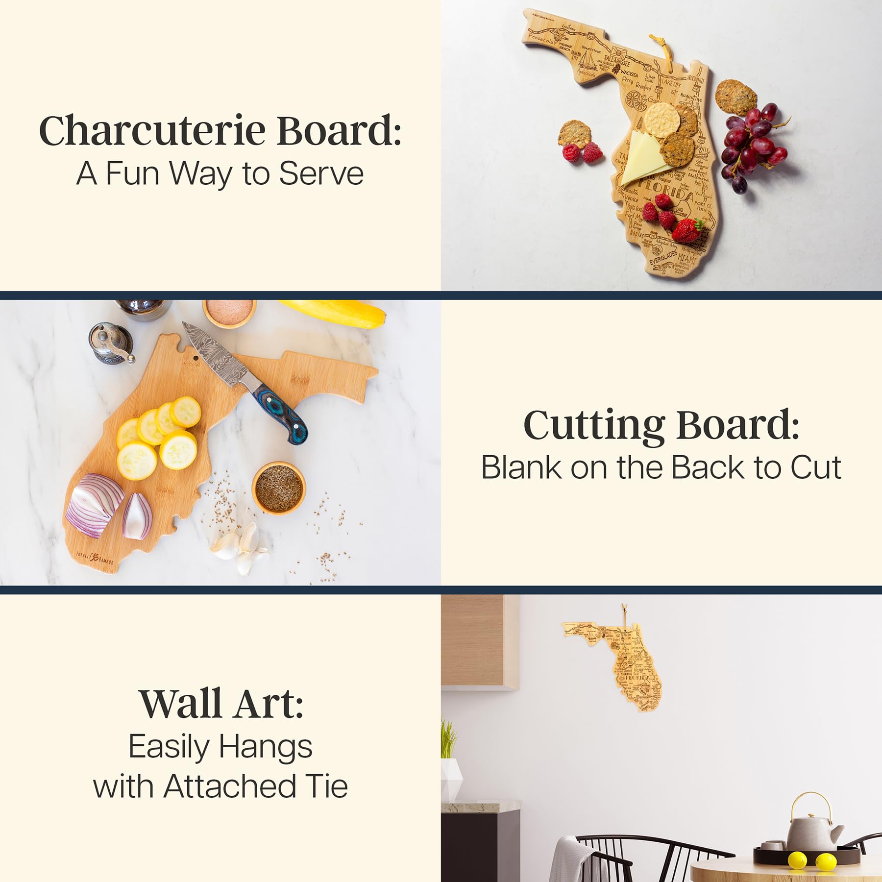 Totally Bamboo Destination Florida State Shaped Cutting Board, Charcuterie and Cheese Serving Board - Florida Gift for Home D  c