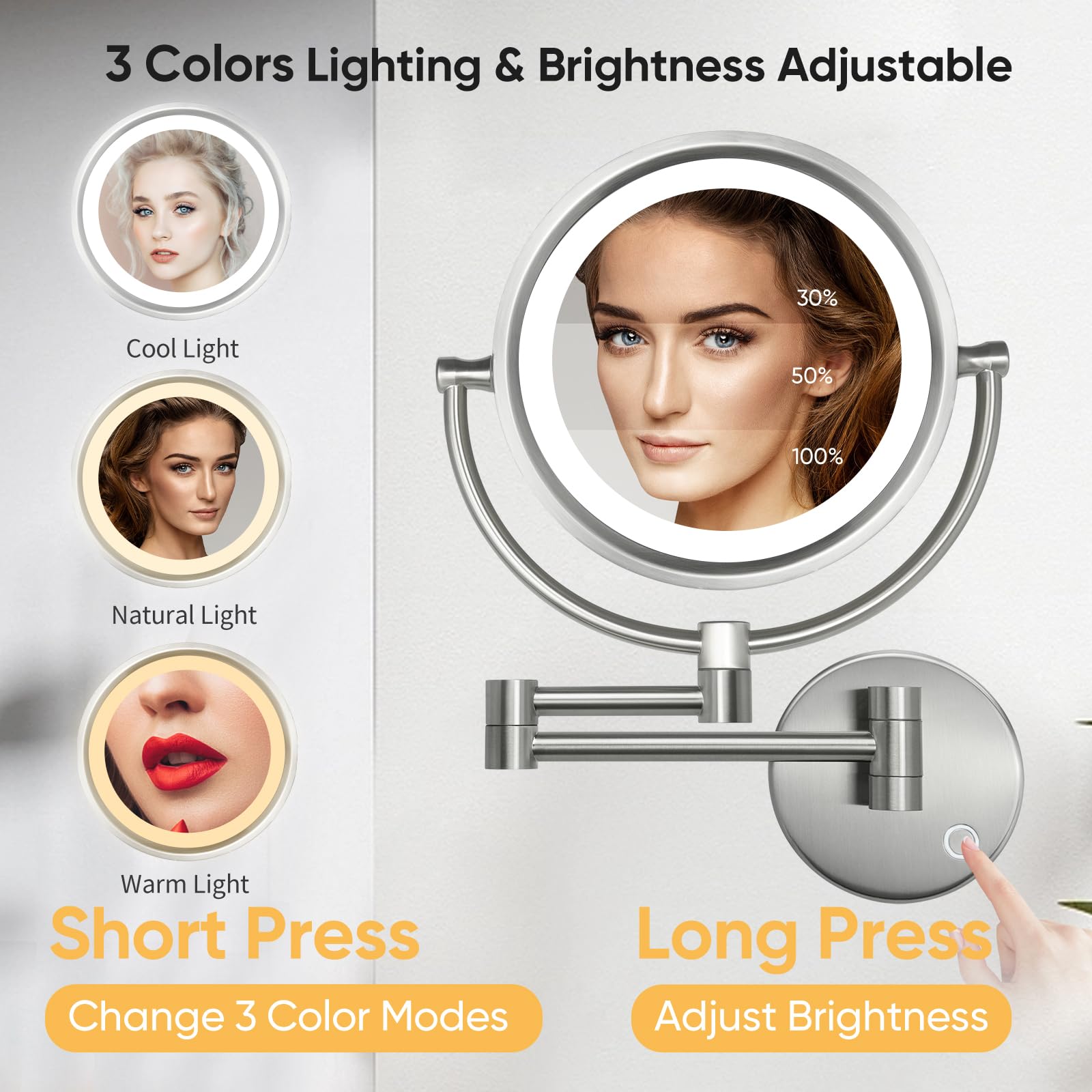 Gurun 8.5 Inch Magnifying Makeup Mirror With 3 Tones Dimmable Led Lights Double Sided Touch Control Vanity Mirror For Bathroom W