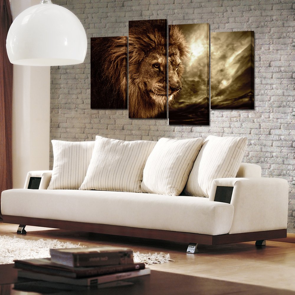Kreative Arts - Lion Wall Art Canvas Painting Framed and Ready to Hang 4 Panels Large Contemporary Pictures Abstract Lion Canvas Prints for Home Living Room Bedroom Decoration