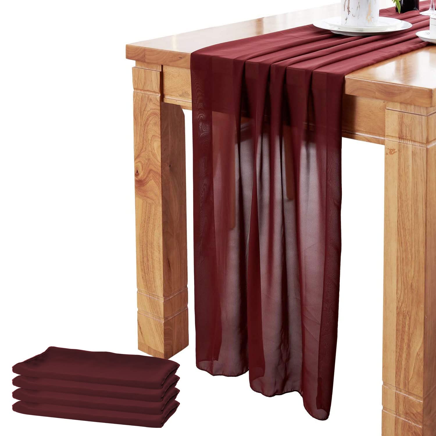 Delovo 4Packs Burgundy Chiffon Table Runner 27X120 Inches Long Sheer Fabric Table Runner For Wedding Party Banquets Bridal Home