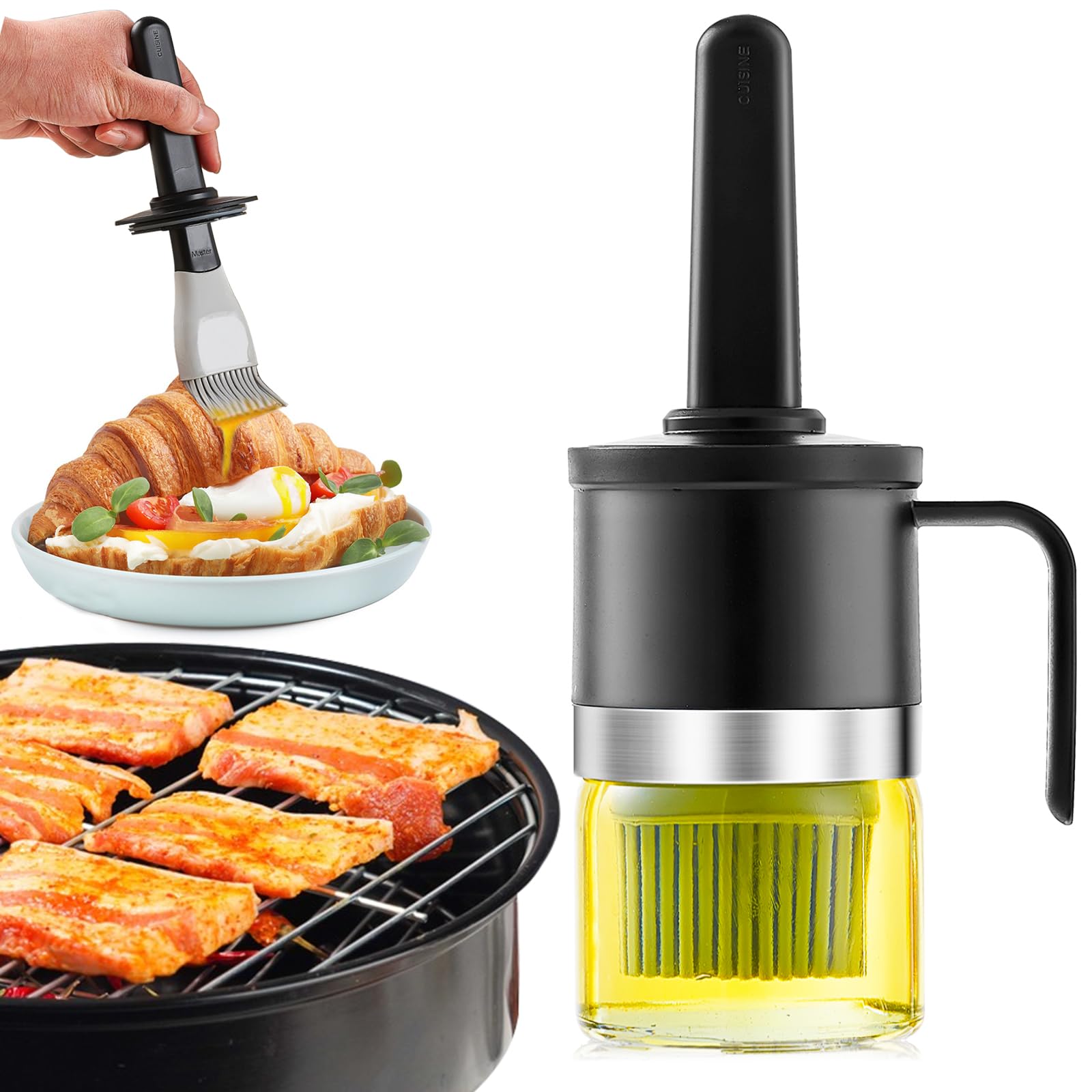 Aymxzt Oil Dispenser With Silicone Brush, 300 Ml, Black, Suitable For Grill, Air Fryer, Oven, Steak Frying, Basting, Pastry, Mul