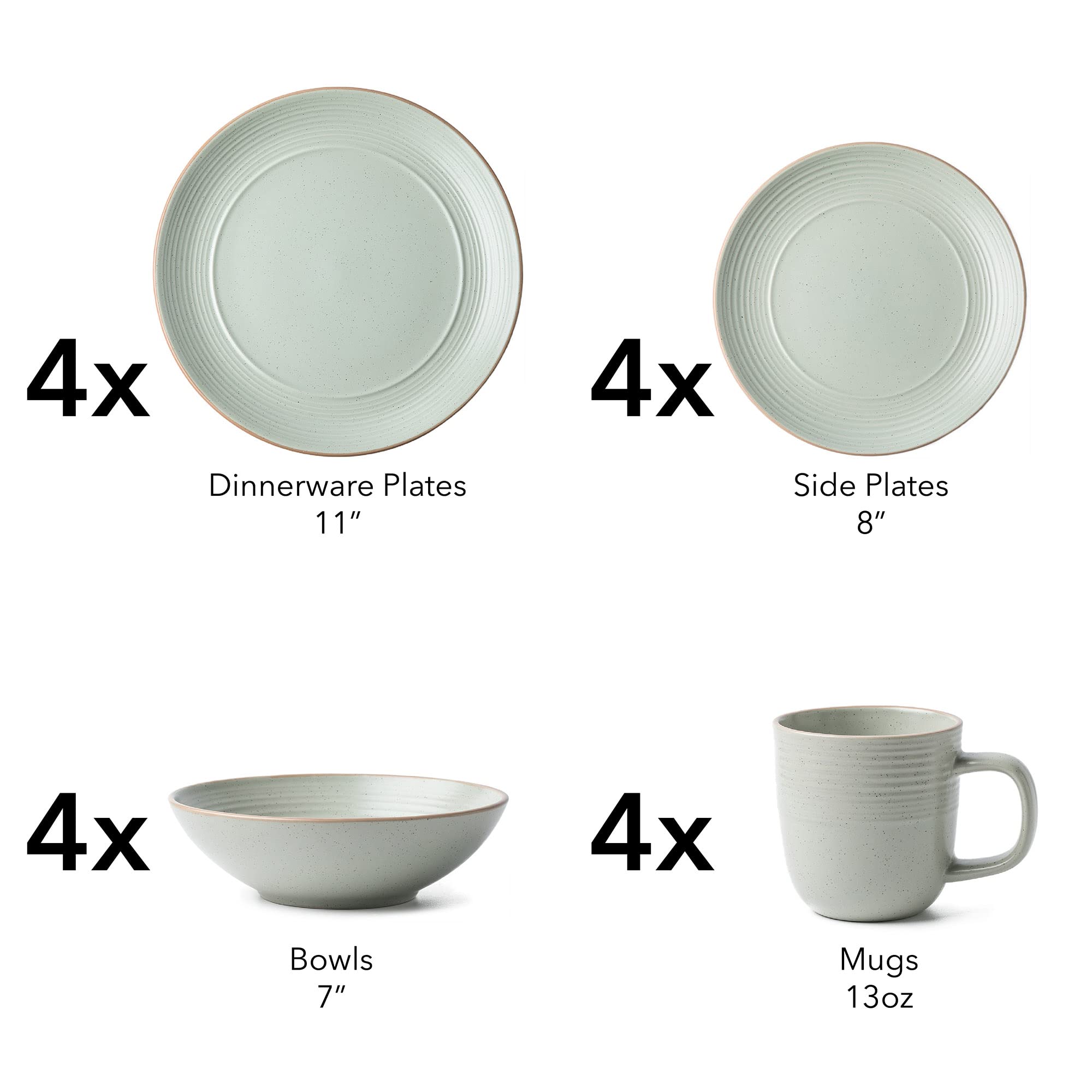 Arora RINGAR Round Stoneware 16pc Dinnerware Set of 4, Dinner Plates, Side Plates, Cereal Bowls, Mugs - Speckle Matte White (406