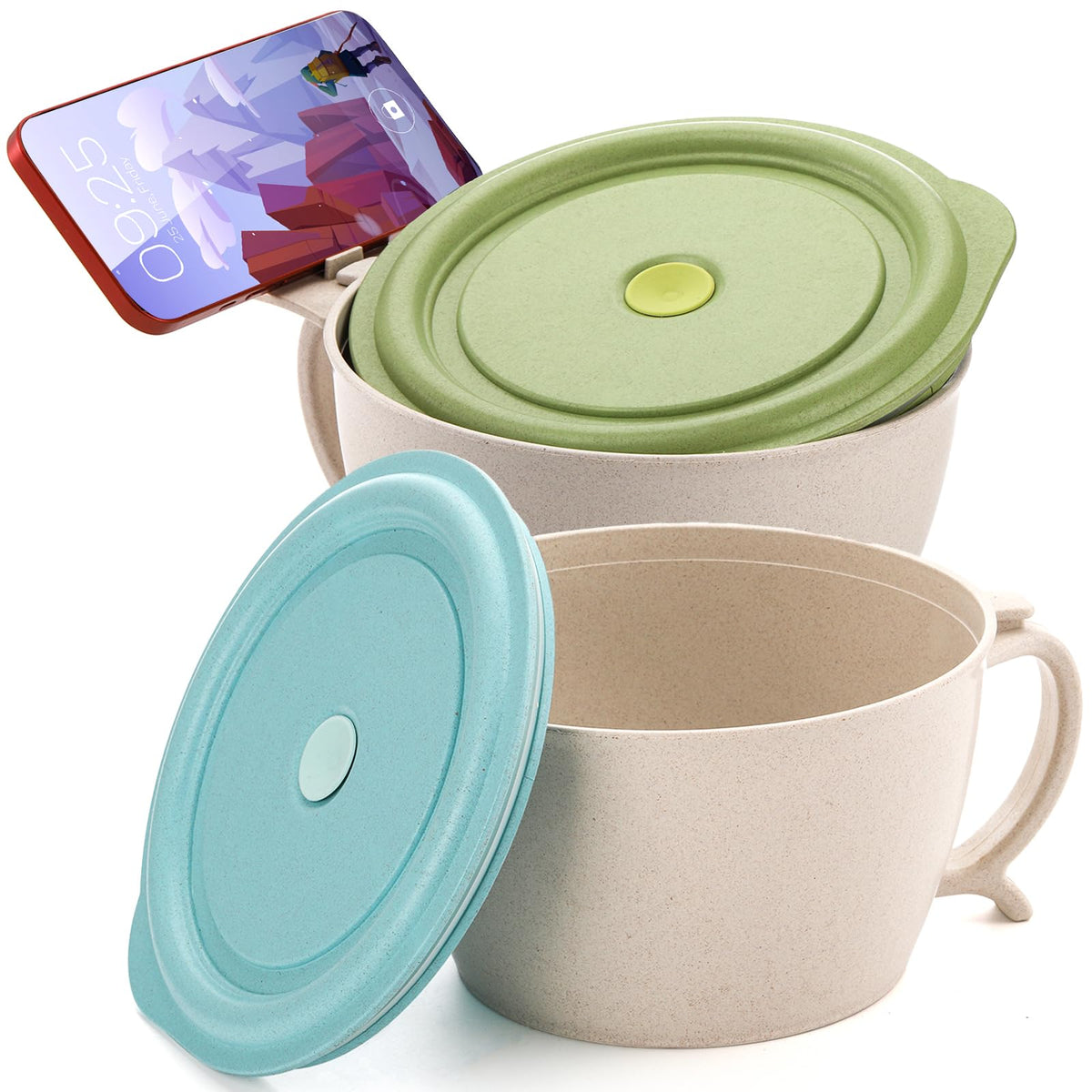 Soujoy 2 Pack Noodle Bowl With Lid, 40 Oz Large Microwave Wheat Straw Soup Bowl With Phone Holder, Instant Noodle Bowl For Soup,