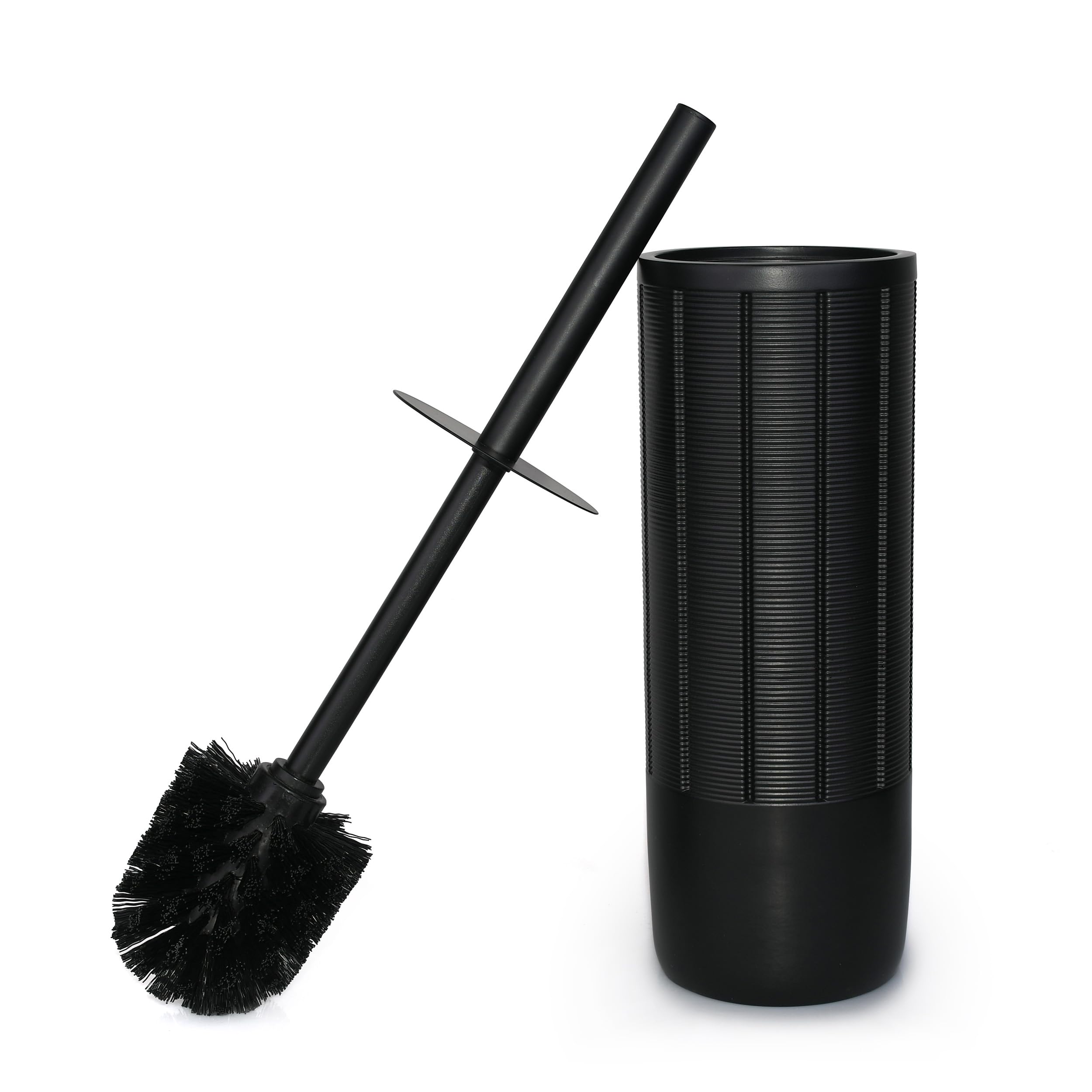 Indecor Home Matte Black Ribbed Design Resin Toilet Bowl Holder and Brush Set, Durable Bathroom Cleaning Tool with Ergonomic Han