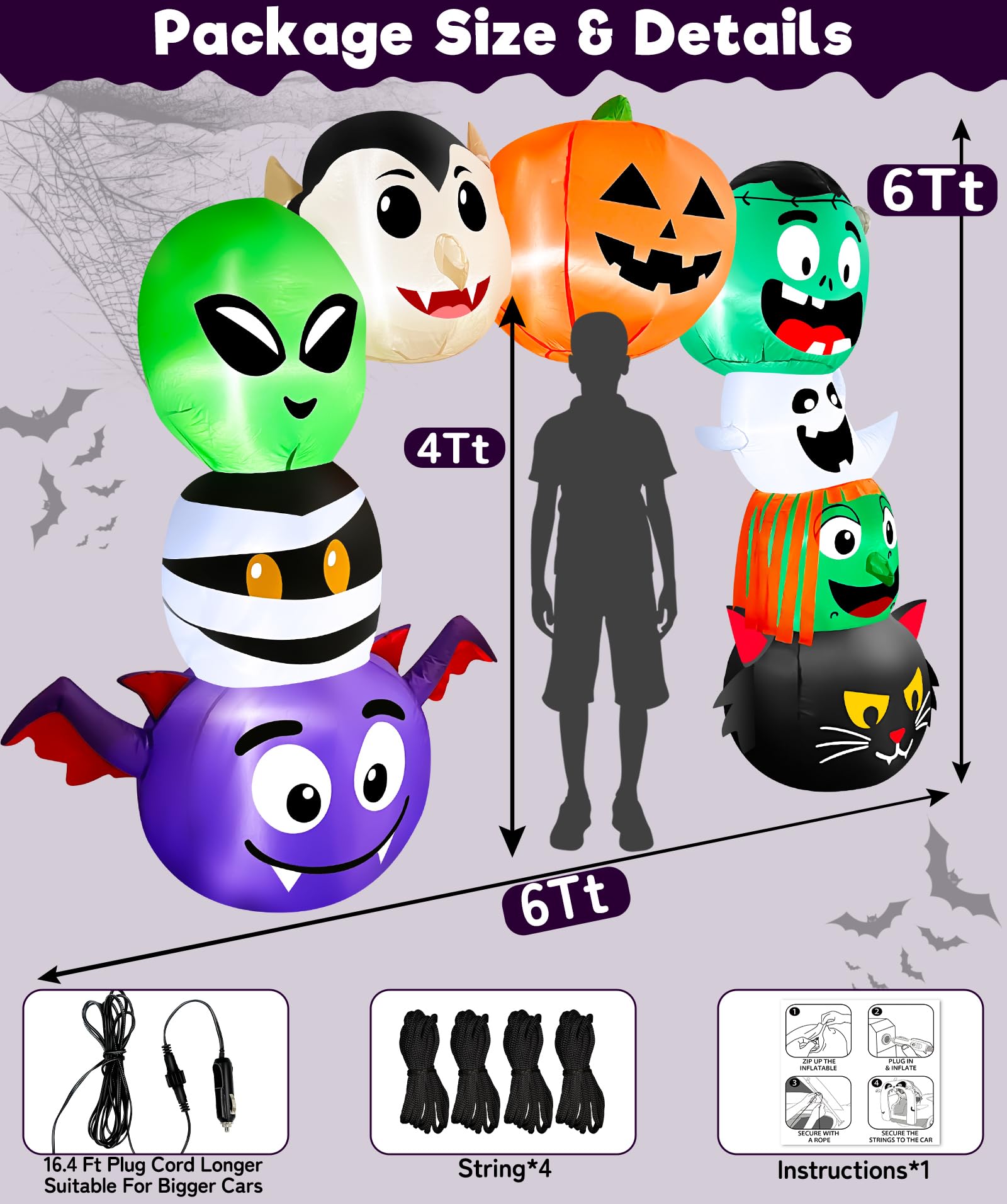 6 FT Halloween Inflatable Trunk or Treat Car Decorations, Blow-Up Car Decoration Arch Stacked with Ghost, Jack-O -Pumpkin, Mummy
