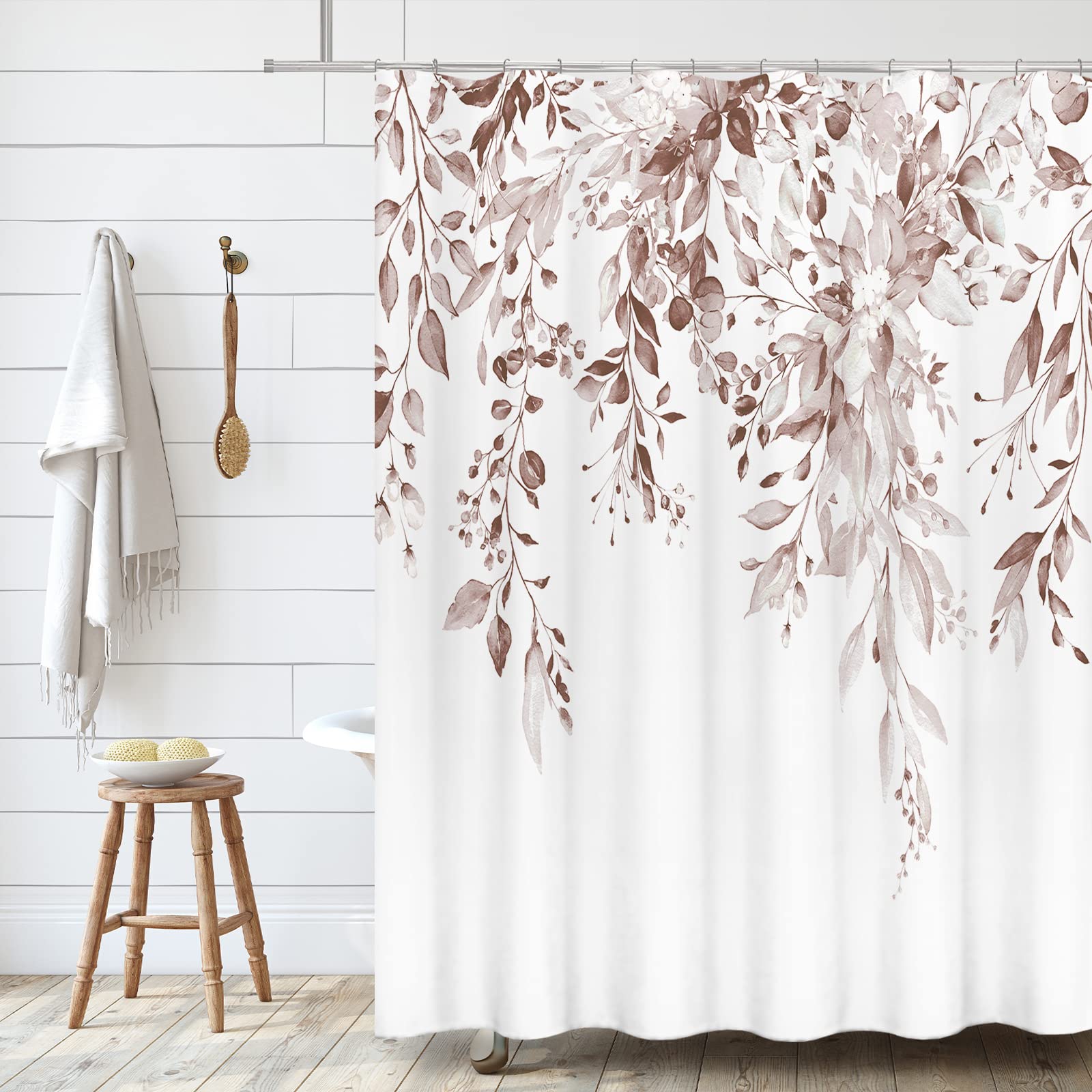 Tititex Rosy Brown Eucalyptus Shower Curtain Sets, Watercolor Leaves On The Top Plant With Floral Bathroom Decoration 72X72 Inch