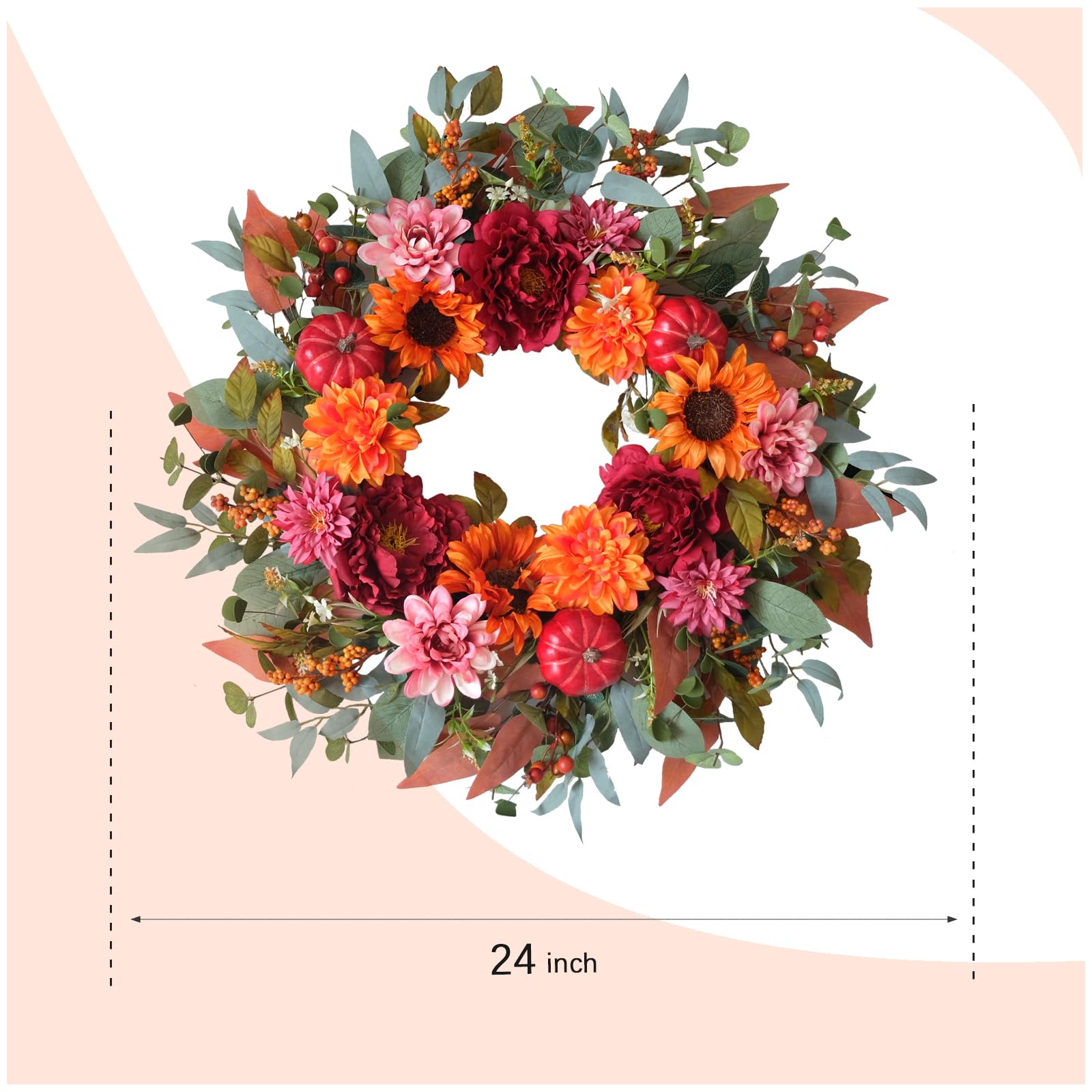 Egolot 24 Inch Fall Sunflower Peony Pumpkin Wreath for Front Door, Fall Thanksgiving Eucalyptus Boxwood Floral Wreaths for Indoo