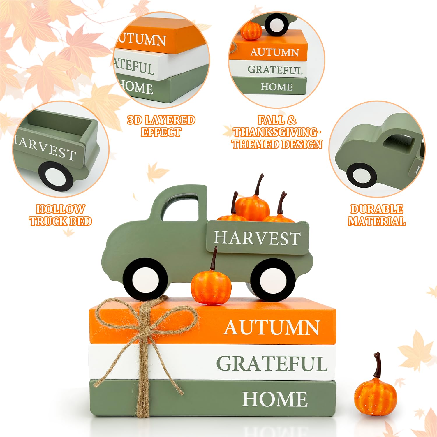 Thanksgiving Decorations for Home Indoor, Wooden Farmhouse Harvest Decor Signs with Book Stack, 3D Truck, 5 Pumpkins for Office
