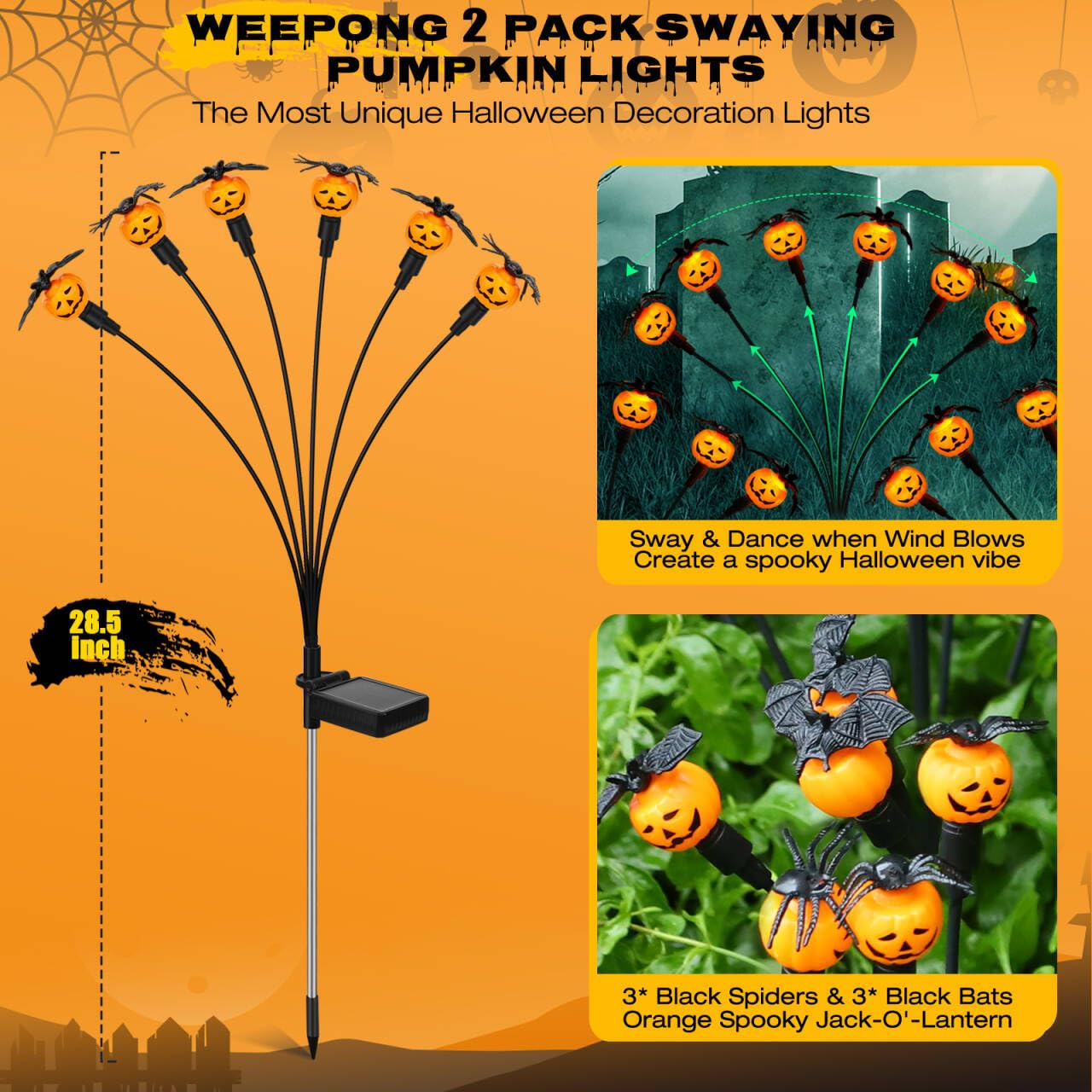 Weepong Halloween Decorations Outdoor 2 Pack Solar Lights, 12 LED Scary Pumpkin Swaying Firefly Lights with Spider & Bats for Ou