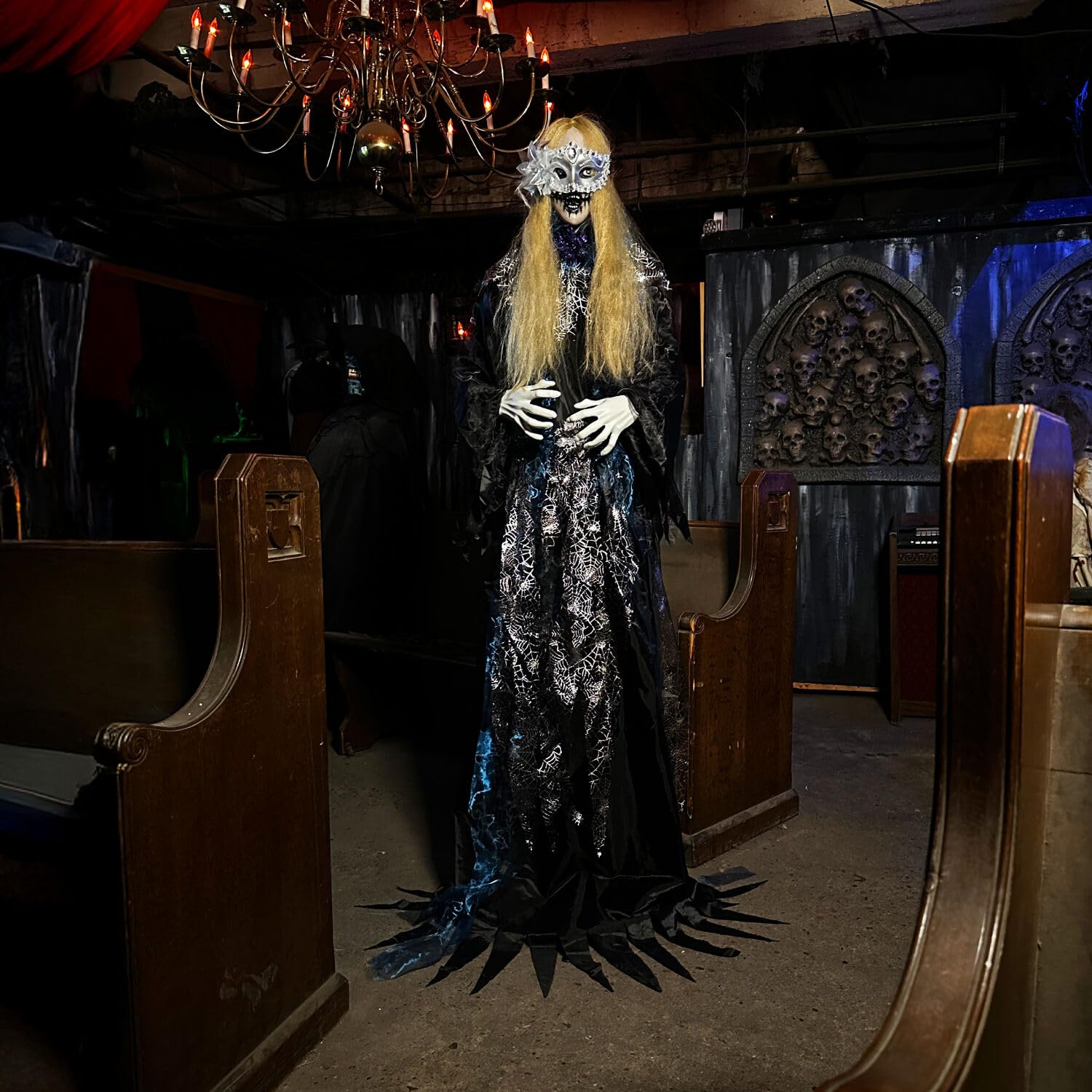 Haunted Hill Farm 5.5-Ft Animatronic Animated Standing Masquerade Lady, Halloween Animatronic, Spooky Venetian Masquerade Prop,